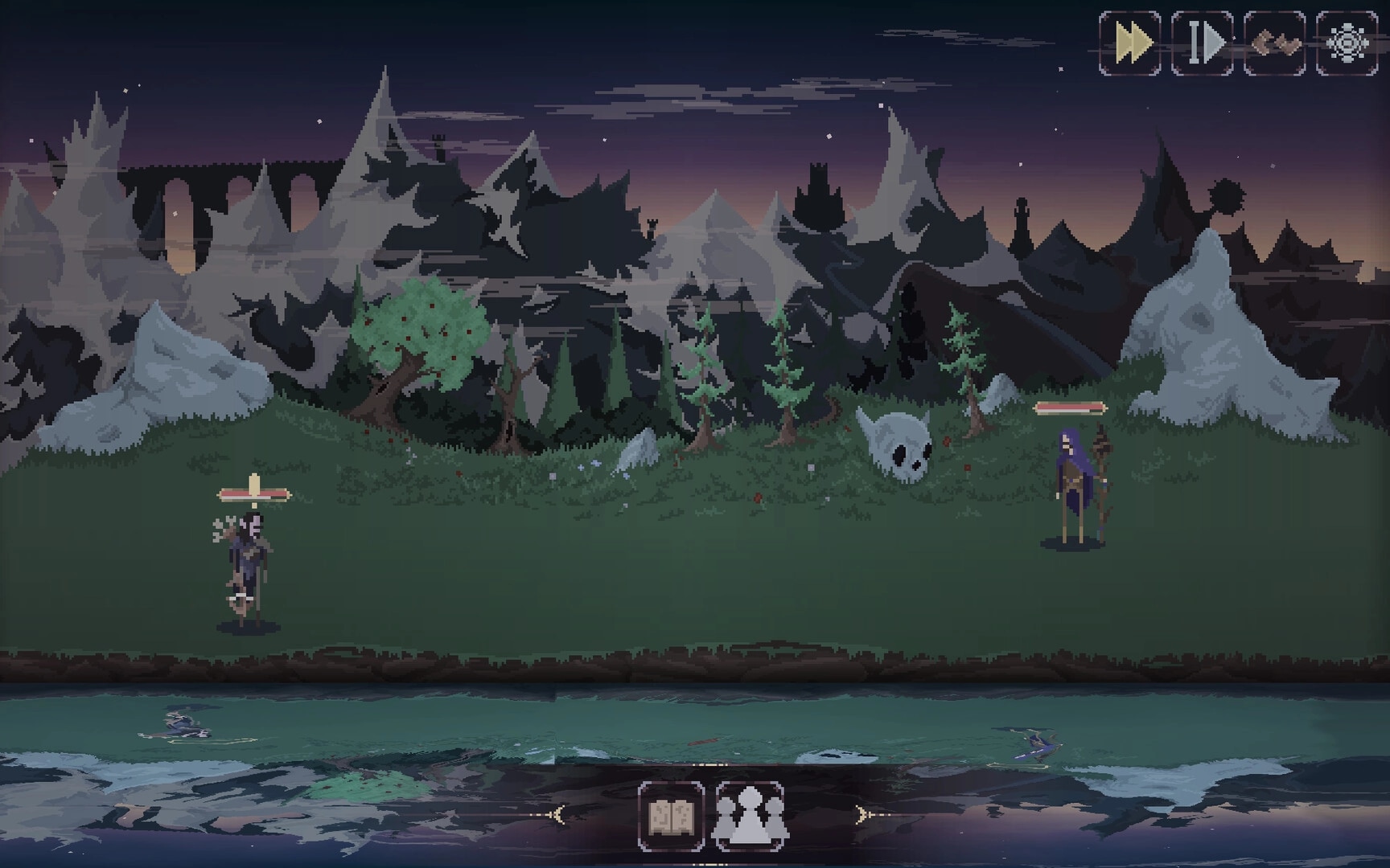 Dark Avos: Two characters face off with health bars in a rocky forest at dusk, UI icons visible.