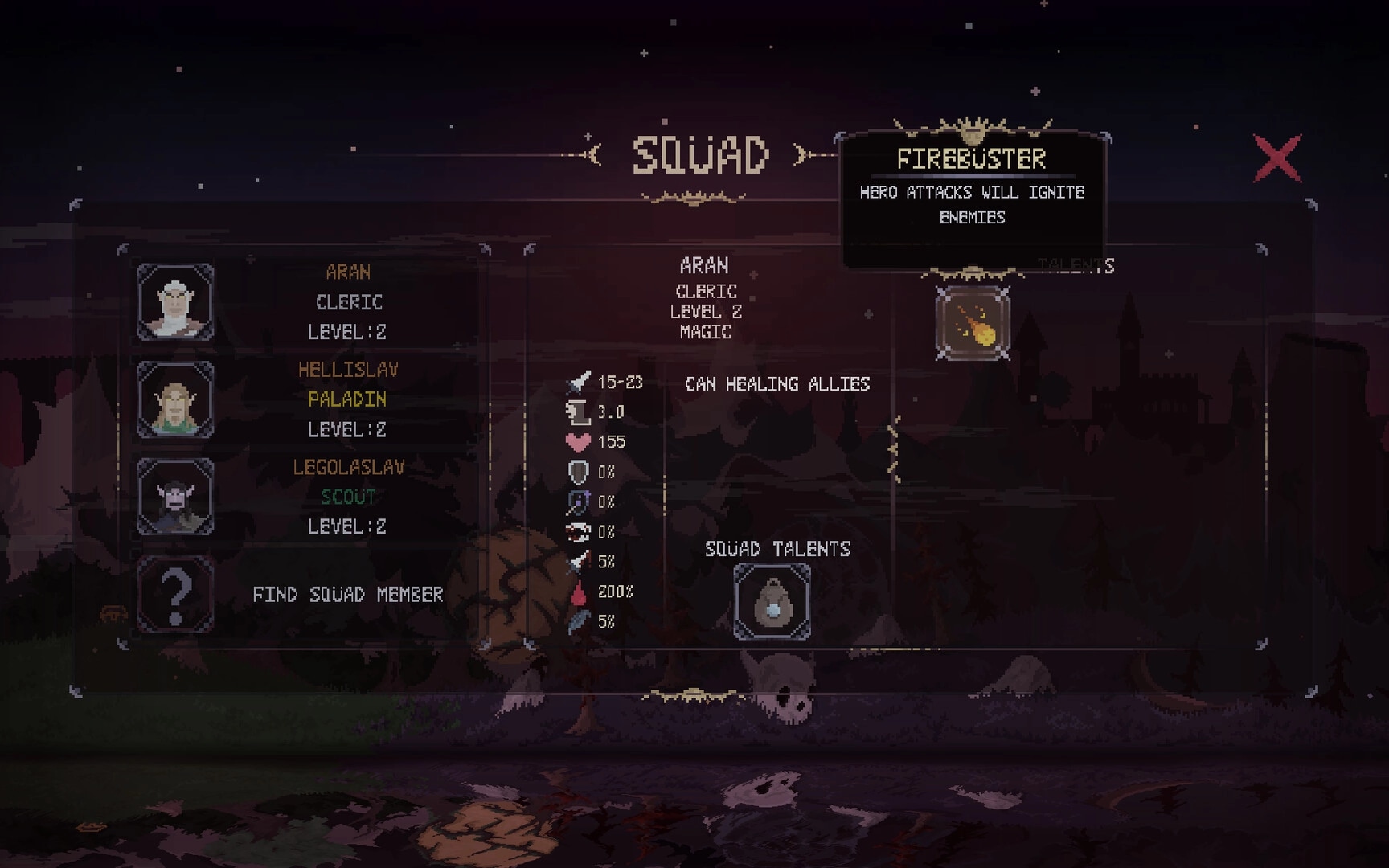 Dark Avos: Squad management menu listing Aran, Hellislav, Legolaslav with Firebuster talent tooltip.