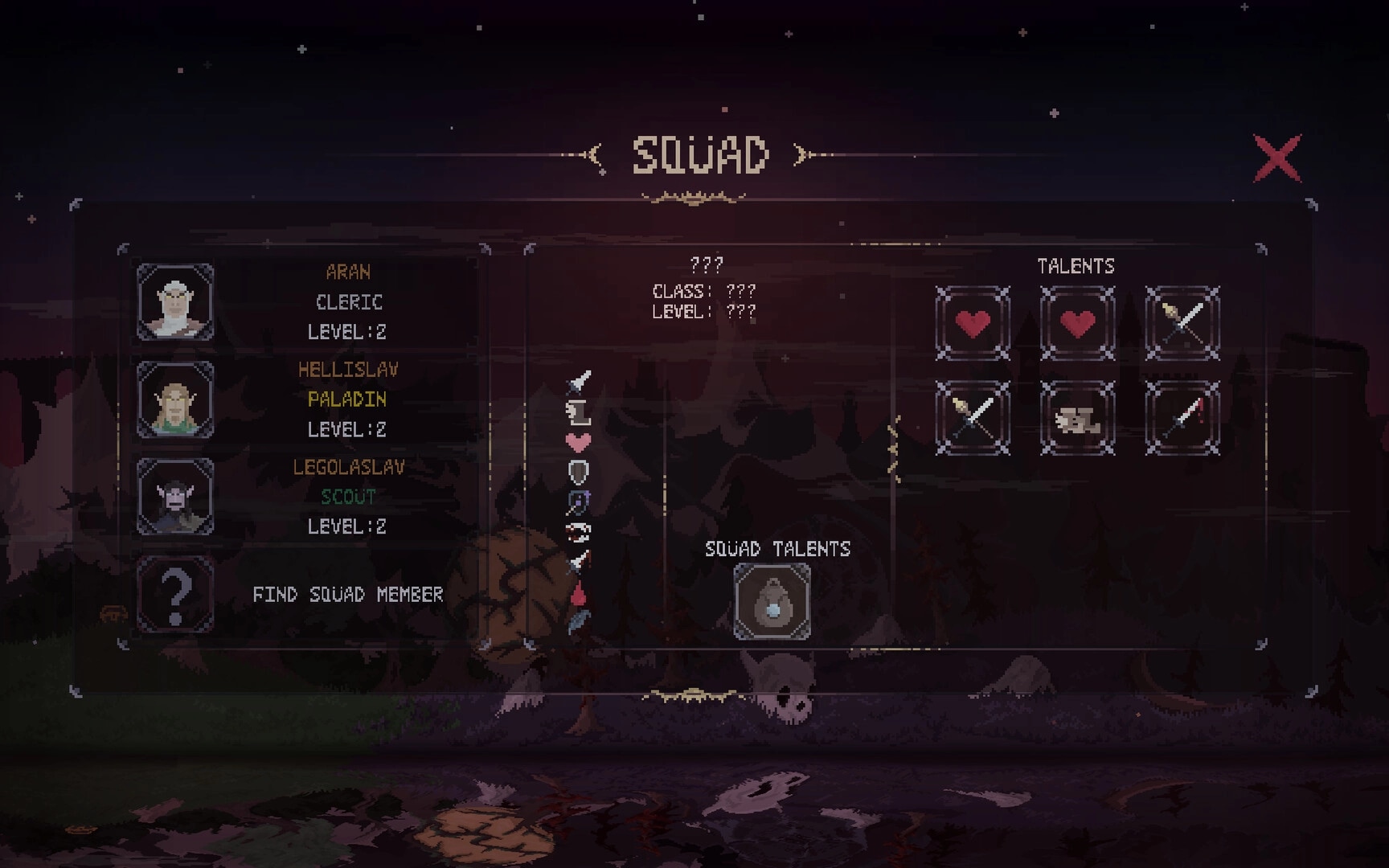 Dark Avos: Squad management screen listing cleric, paladin, scout, and talent icons over dark camp.