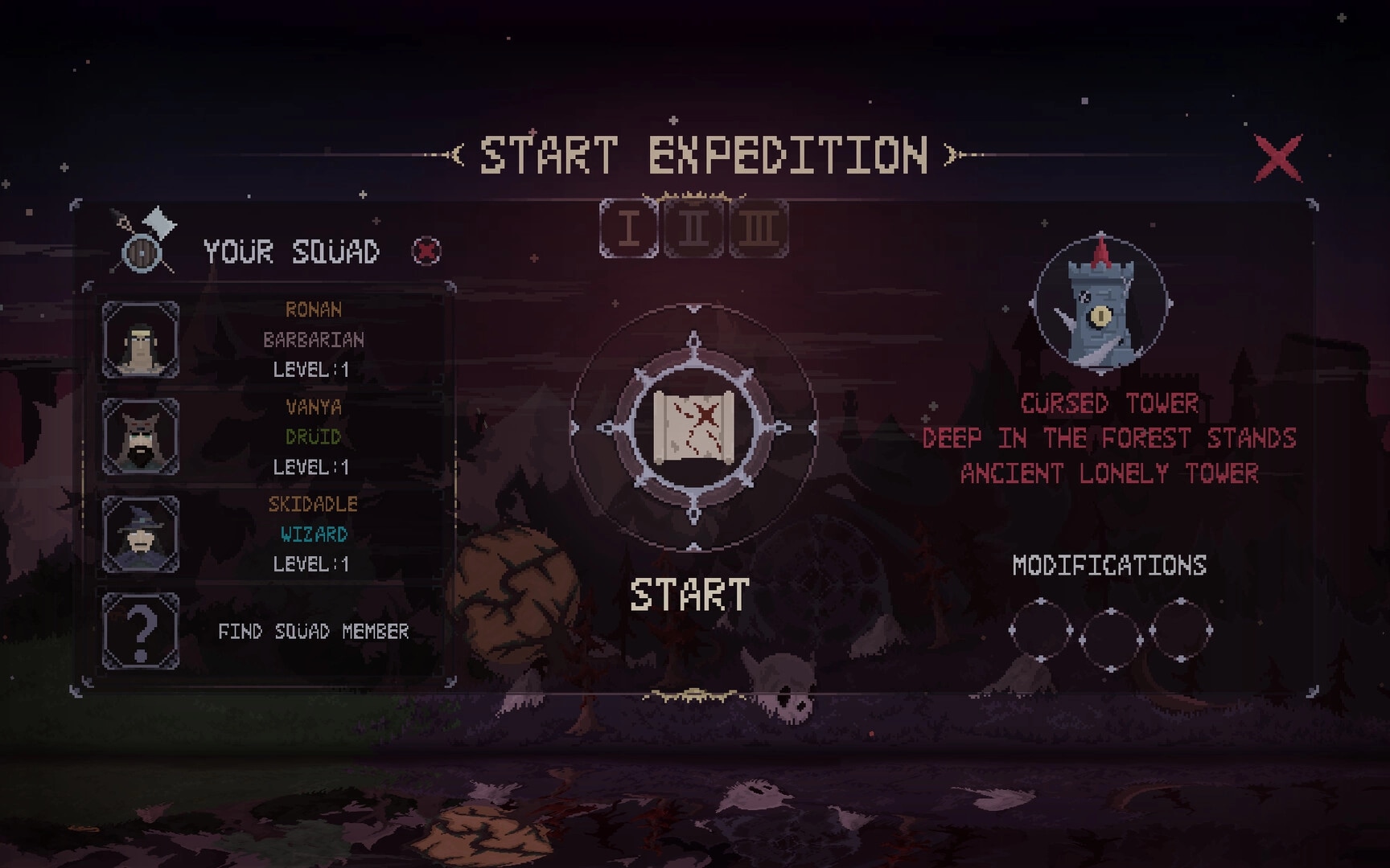 Dark Avos: Start Expedition menu with squad list and Cursed Tower selection over dark forest map.