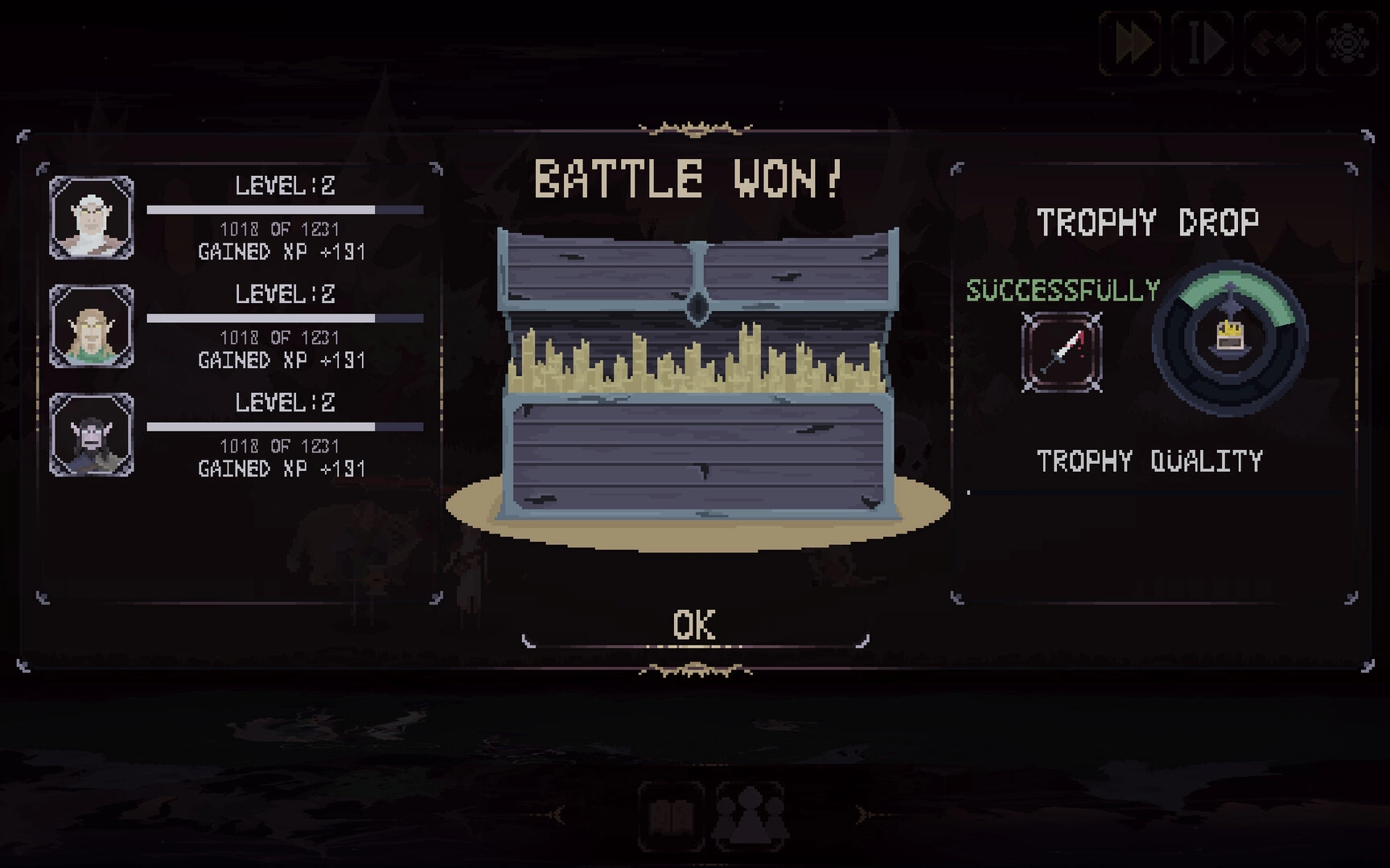 Dark Avos: Battle won results screen with party XP bars and loot chest, trophy quality meter UI.