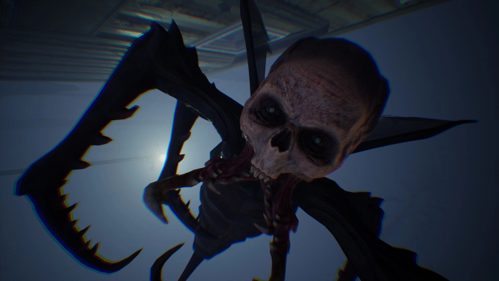 Dark Fracture: Close-up of a skeletal creature with sharp claws in a dimly lit, eerie hallway.