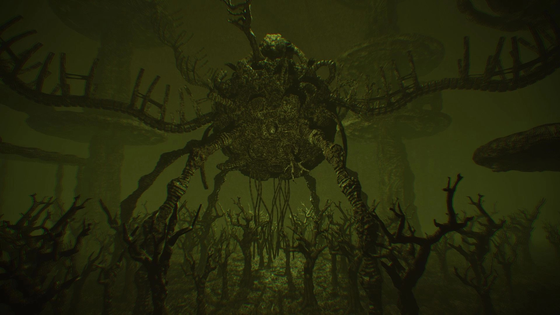 Dark Fracture: Massive twisted creature looms over barren forest in eerie green-hued environment