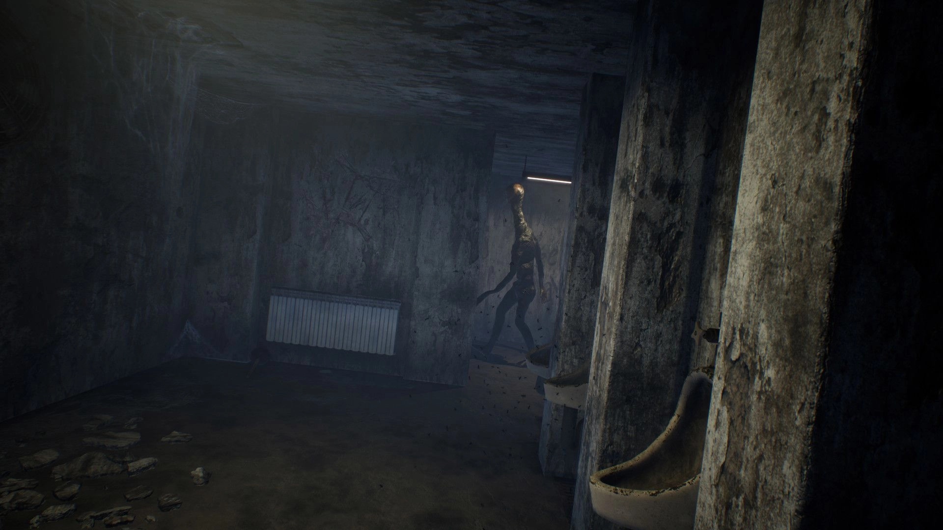 Dark Fracture: Creature lurking in a dim, decayed bathroom with eerie atmosphere and flickering light