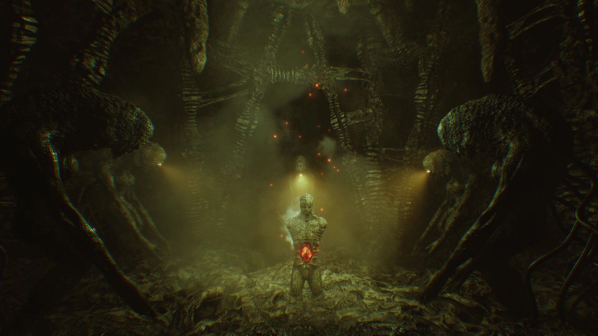 Dark Fracture: Creature with glowing chest surrounded by eerie figures in a dimly lit cavern