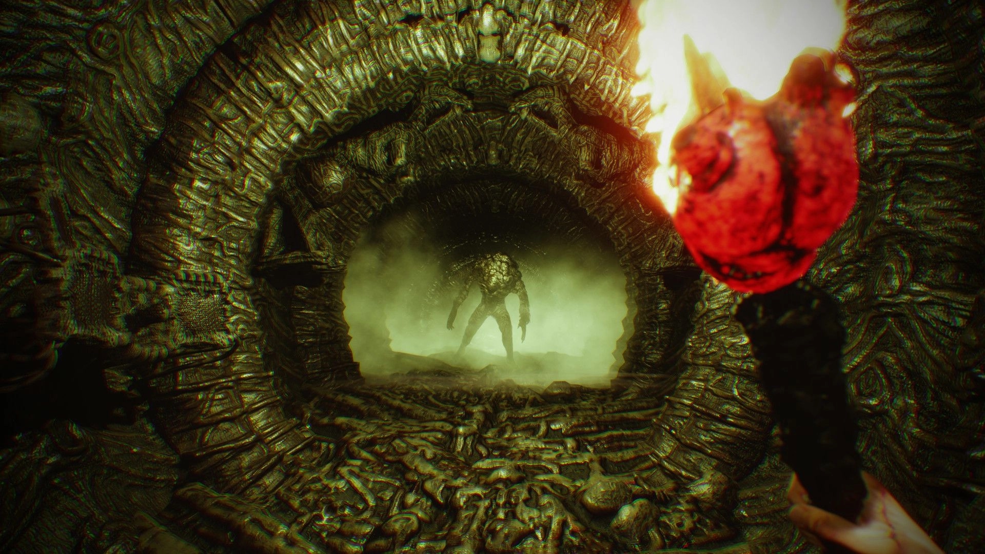 Dark Fracture: Creature emerges from misty tunnel with torch illuminating intricate stone surroundings