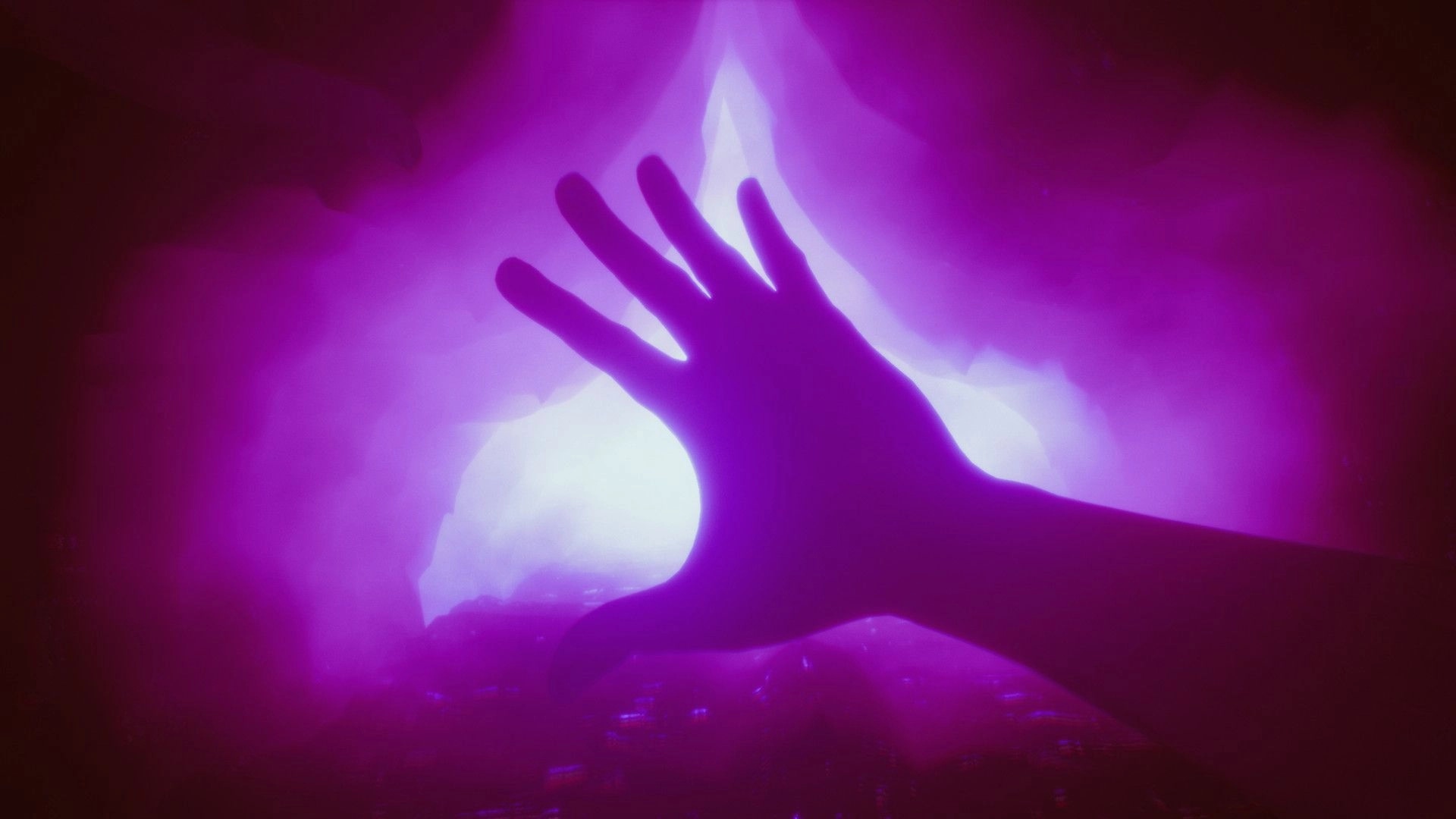 Dark Fracture: Silhouette of a hand reaching towards glowing purple mist in a mysterious dark void