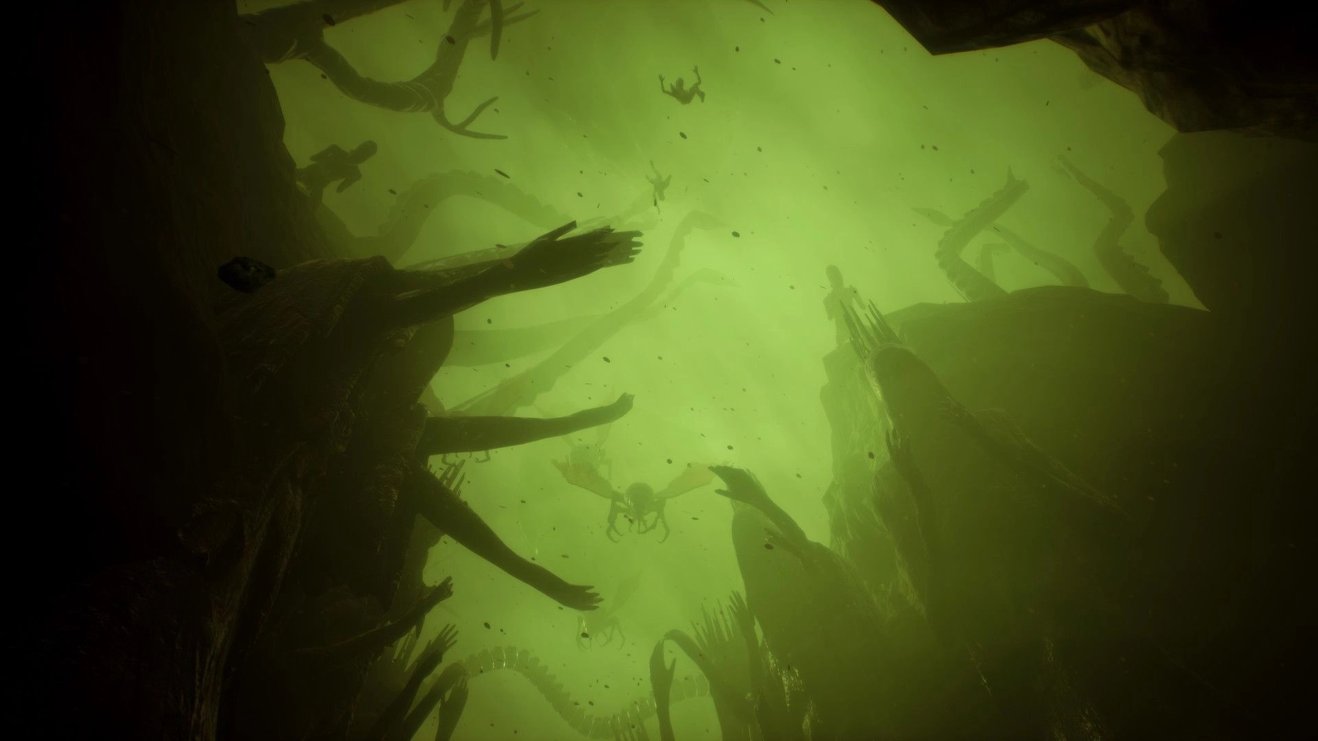 Dark Fracture: Surreal descent with floating figures and tentacles in eerie green abyss