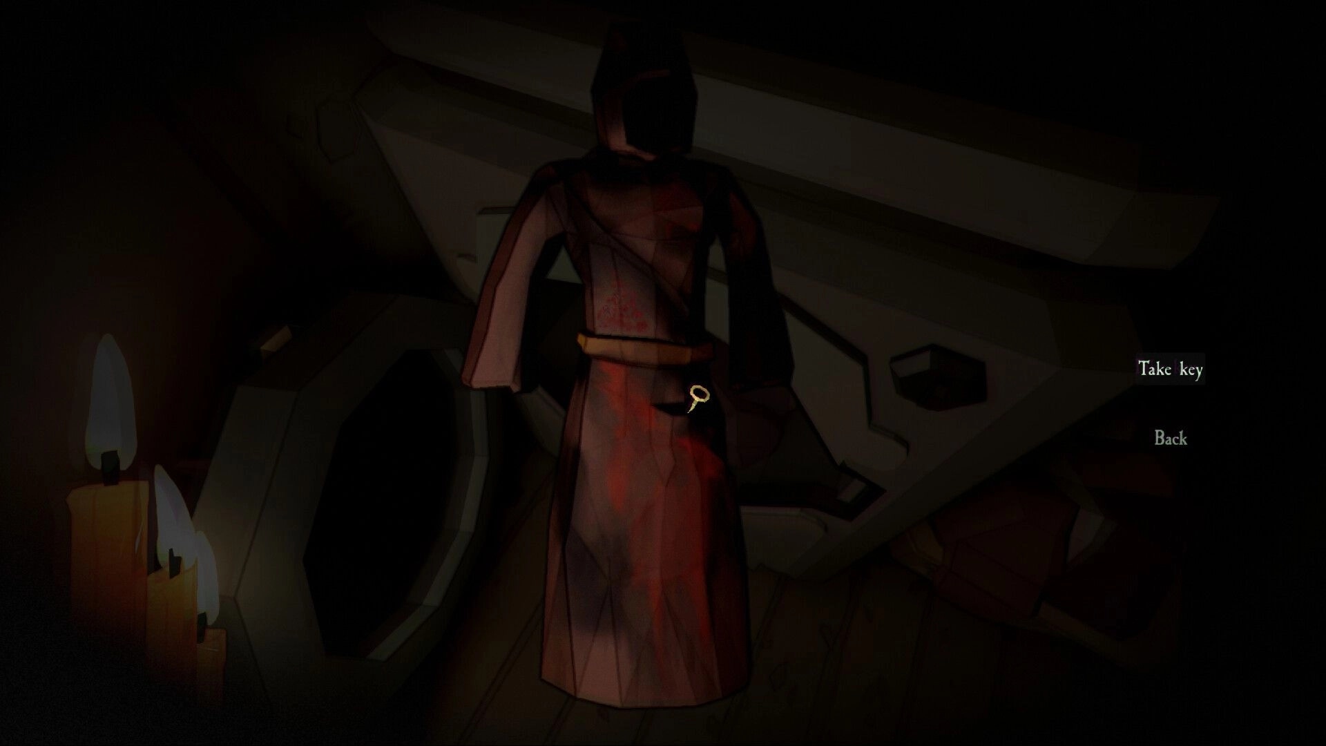 Dark Lessons: Cursor hovers over a key on a hanging figure, with Take key/Back prompts in dim attic.