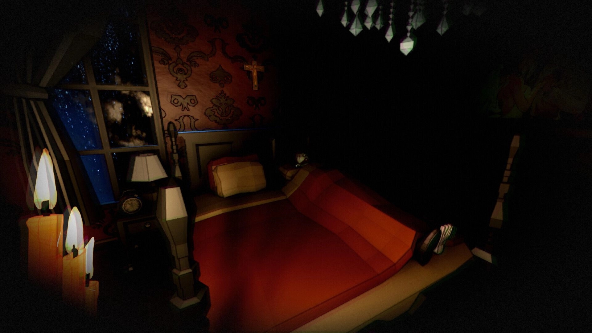 Dark Lessons: Candlelit bedroom with unmade bed, wall crucifix, and starry window in darkness.