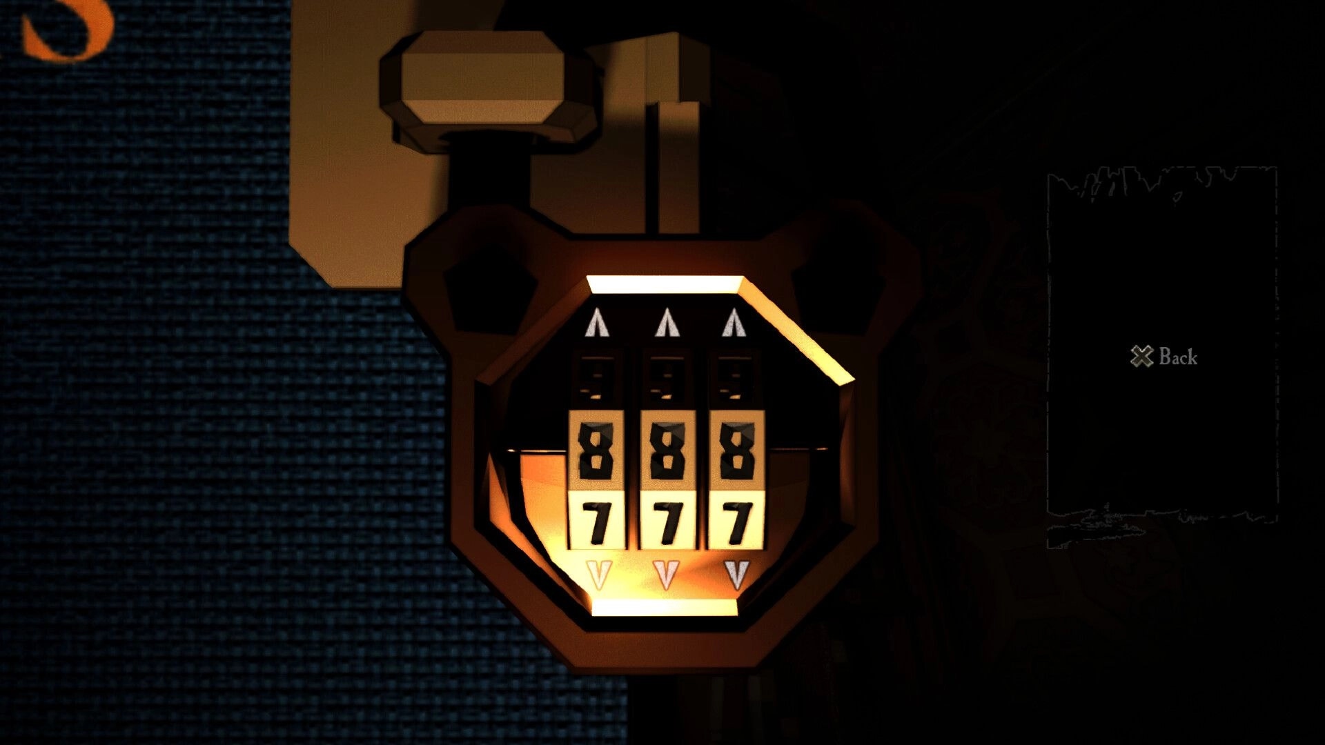 Dark Lessons: Close-up of a three-dial combination lock puzzle set to 8-8-8 on a door, Back UI visible.