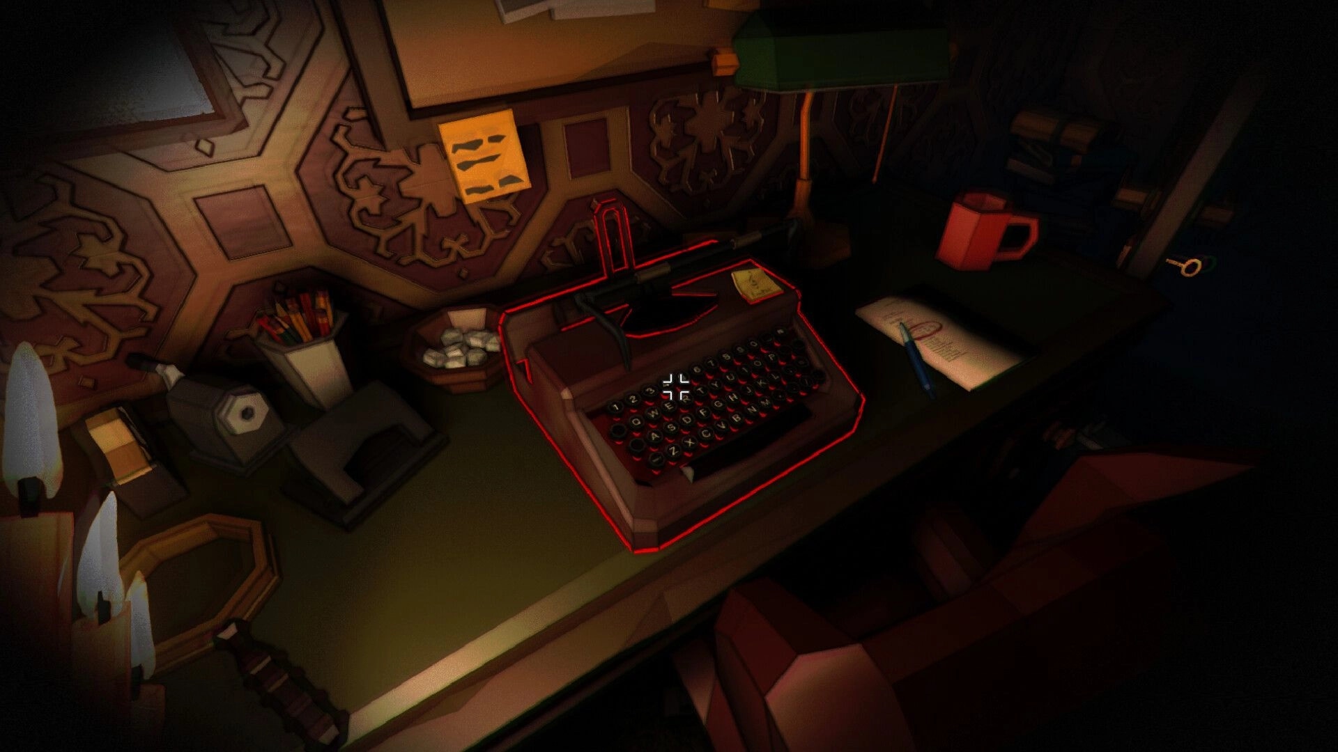 Dark Lessons: Crosshair highlights a red-outlined typewriter on a cluttered desk in dim candlelight.