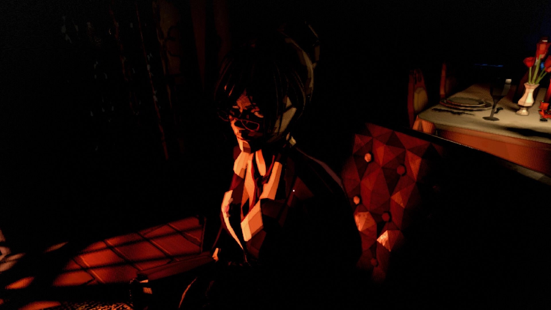 Dark Lessons: Shadowy figure slumps in a chair beside a set dining table in a dim room lit red.