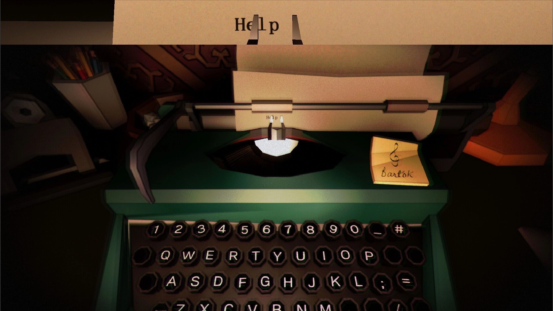 Dark Lessons: Typing "Help" on a green typewriter puzzle on a desk beside a lamp and note.
