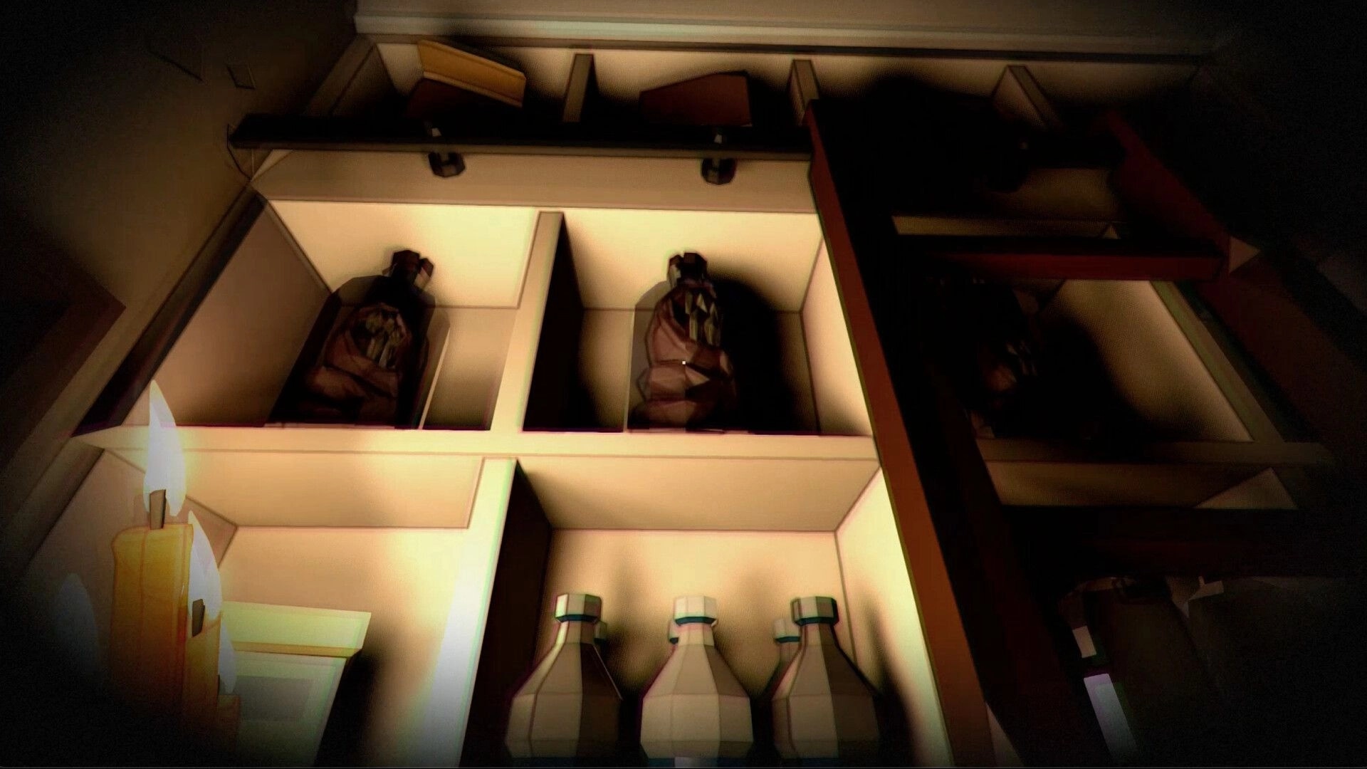 Dark Lessons: Candlelit close-up of an open cabinet with bottles and dark jars in a dim pantry.
