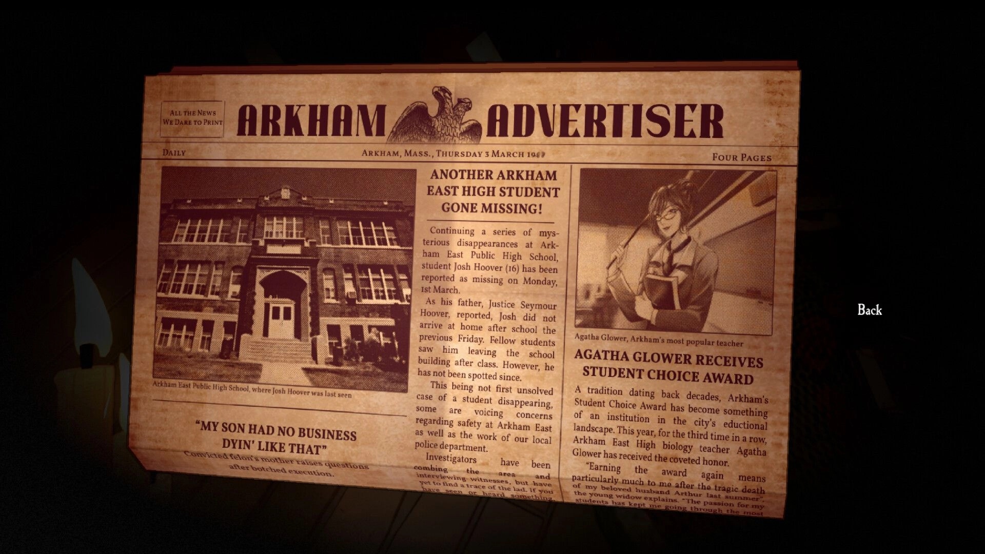 Dark Lessons: Reading Arkham Advertiser newspaper clue by candlelight with a Back button on screen.