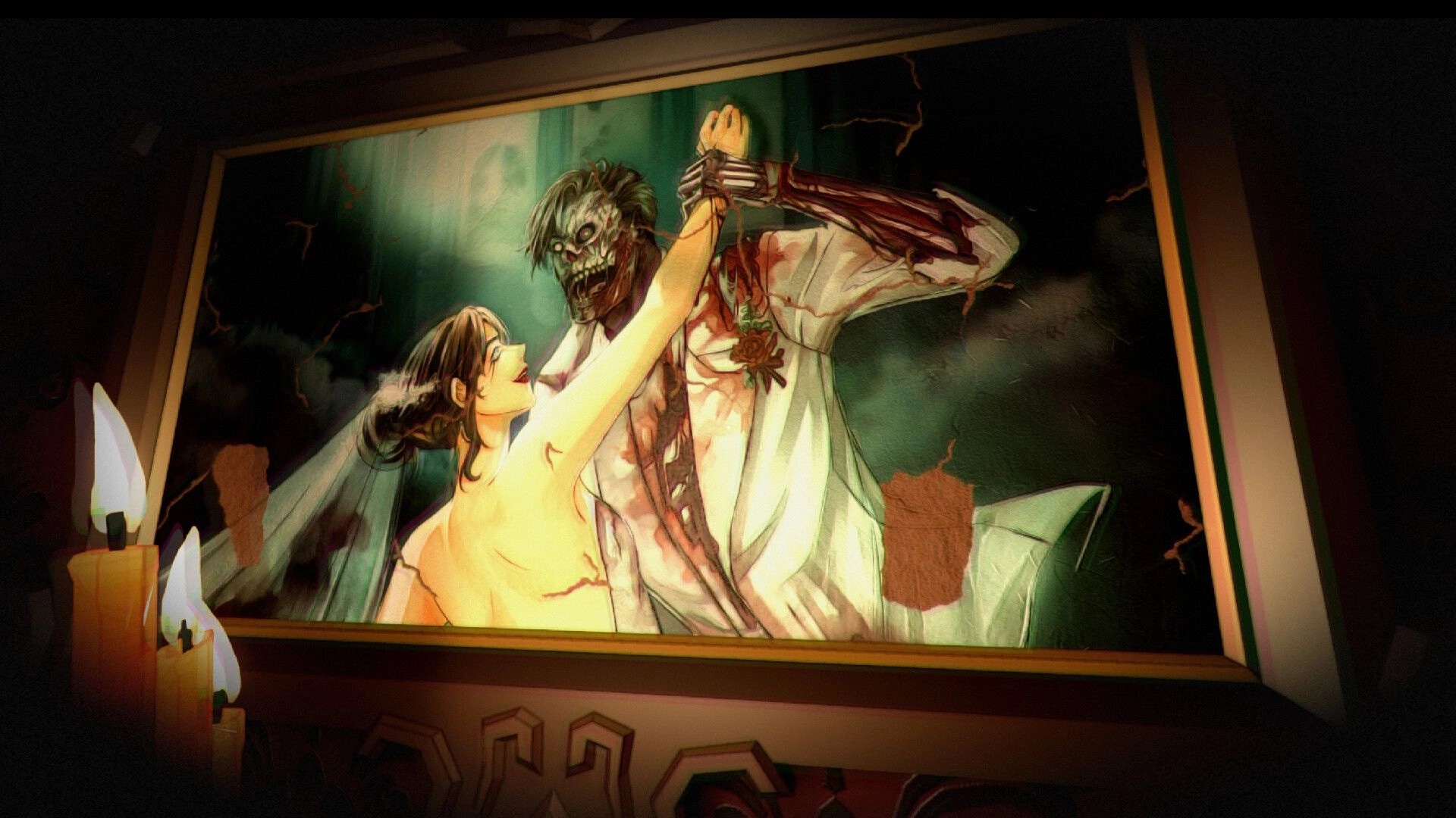 Dark Lessons: Candlelit close-up of a cracked painting of a bride held by a snarling corpse groom.