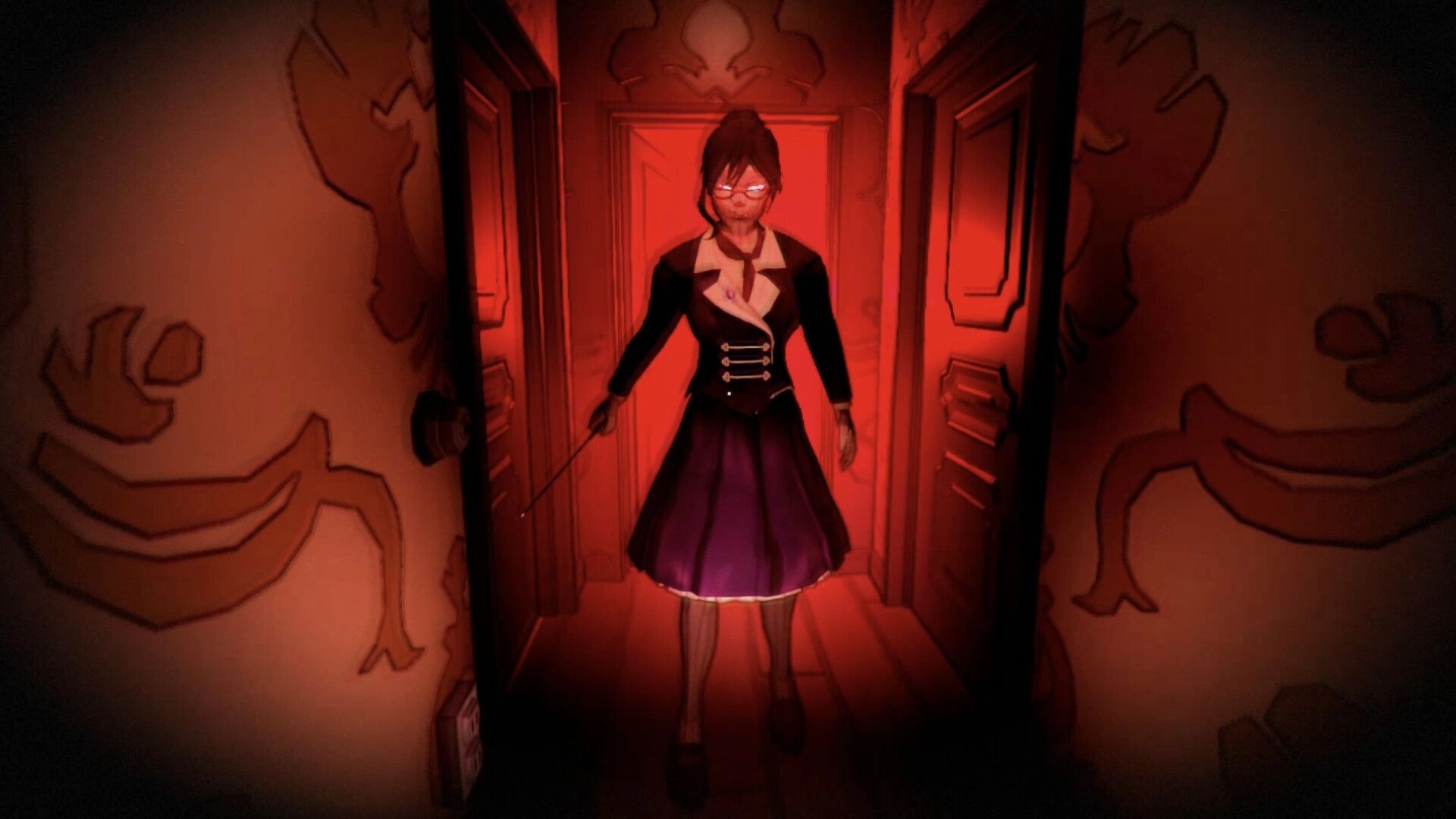 Dark Lessons: Stern teacher blocks a doorway holding a pointer in a red-lit hallway with murals.