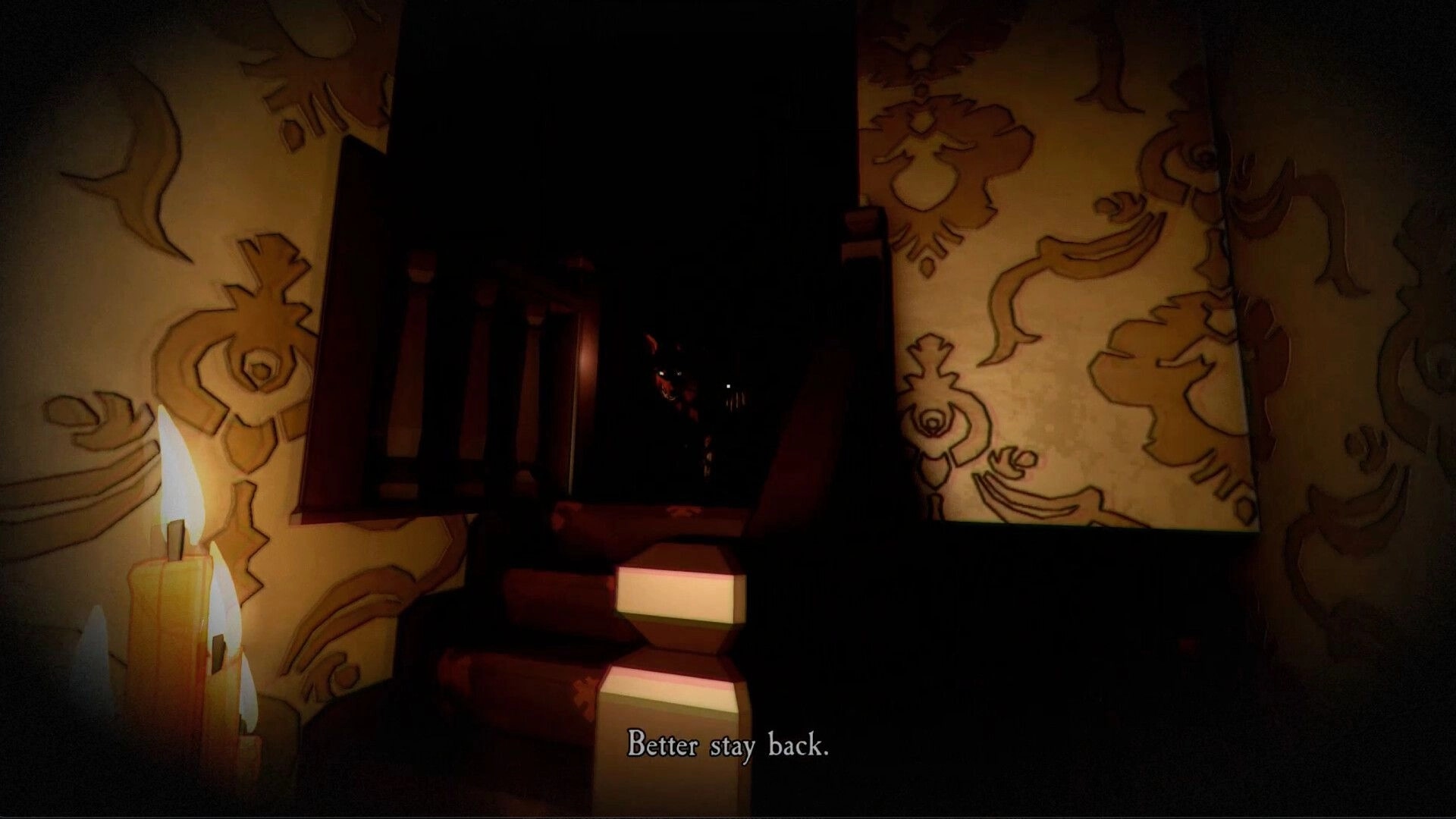 Dark Lessons: Candlelit staircase with a shadowy figure behind railing, subtitle reads "Better stay back.".