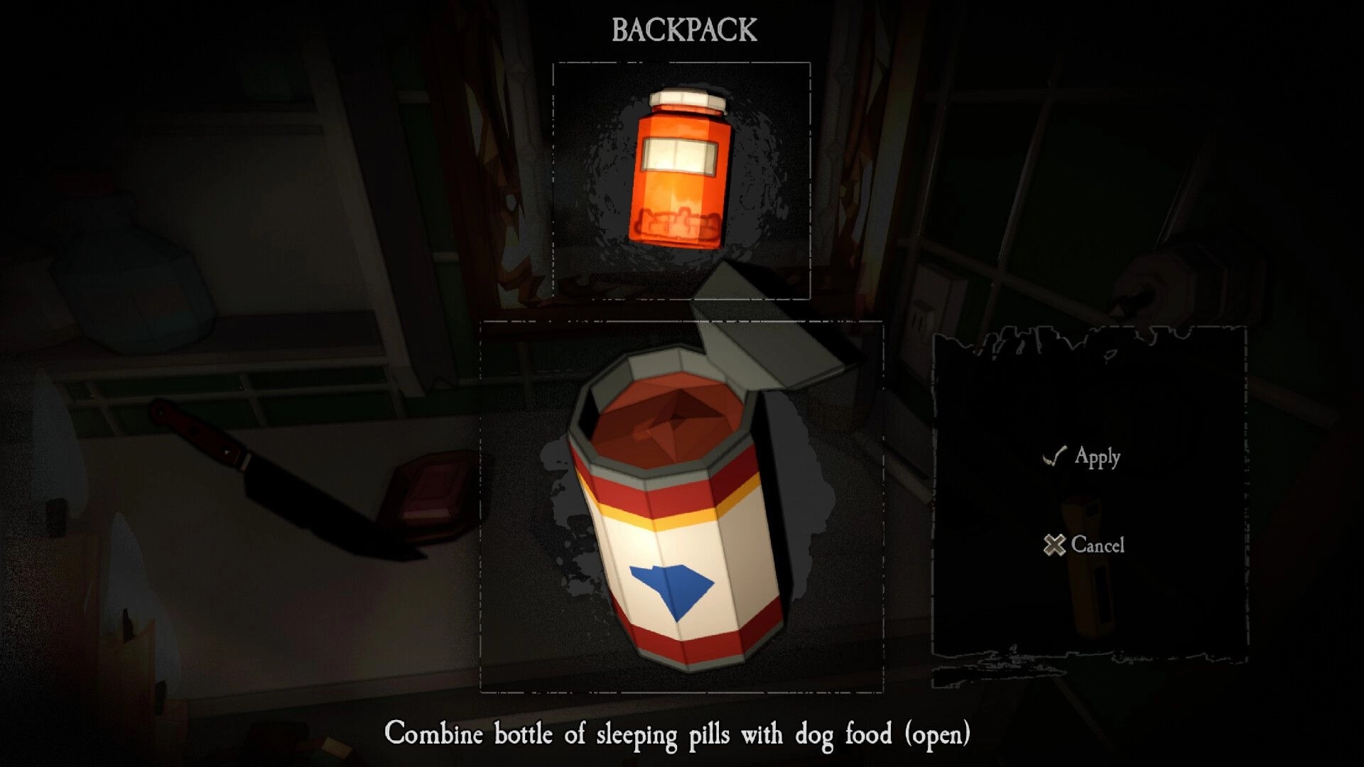 Dark Lessons: Backpack combine screen mixing sleeping pills with open dog food in a dim room UI.