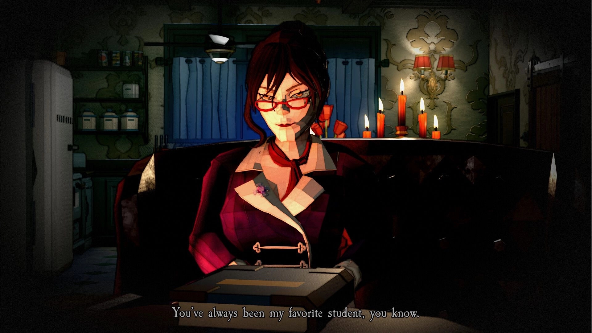 Dark Lessons: Red-glasses teacher speaks in dialogue scene, candles lit in a dim kitchen backdrop.
