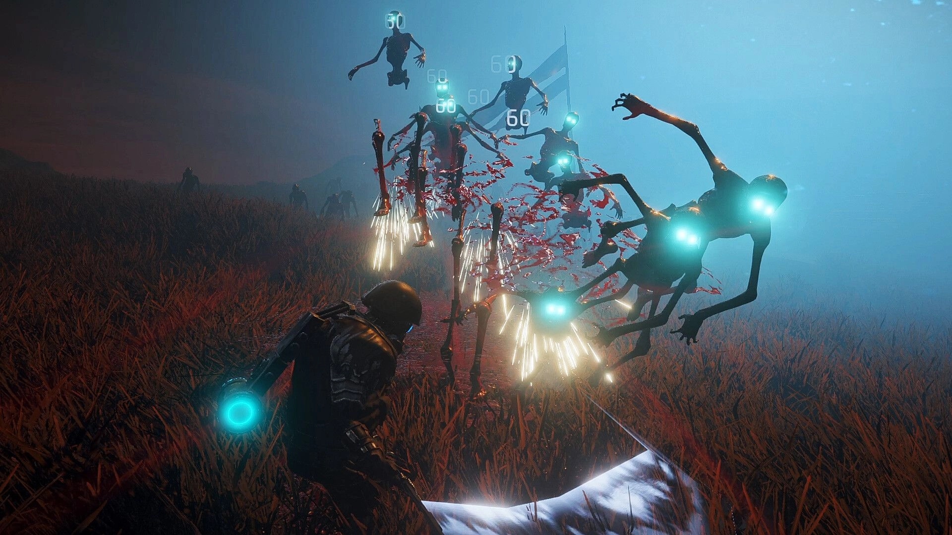 Dark Light: Player combats glowing-eyed creatures in a misty field with dynamic lighting effects.