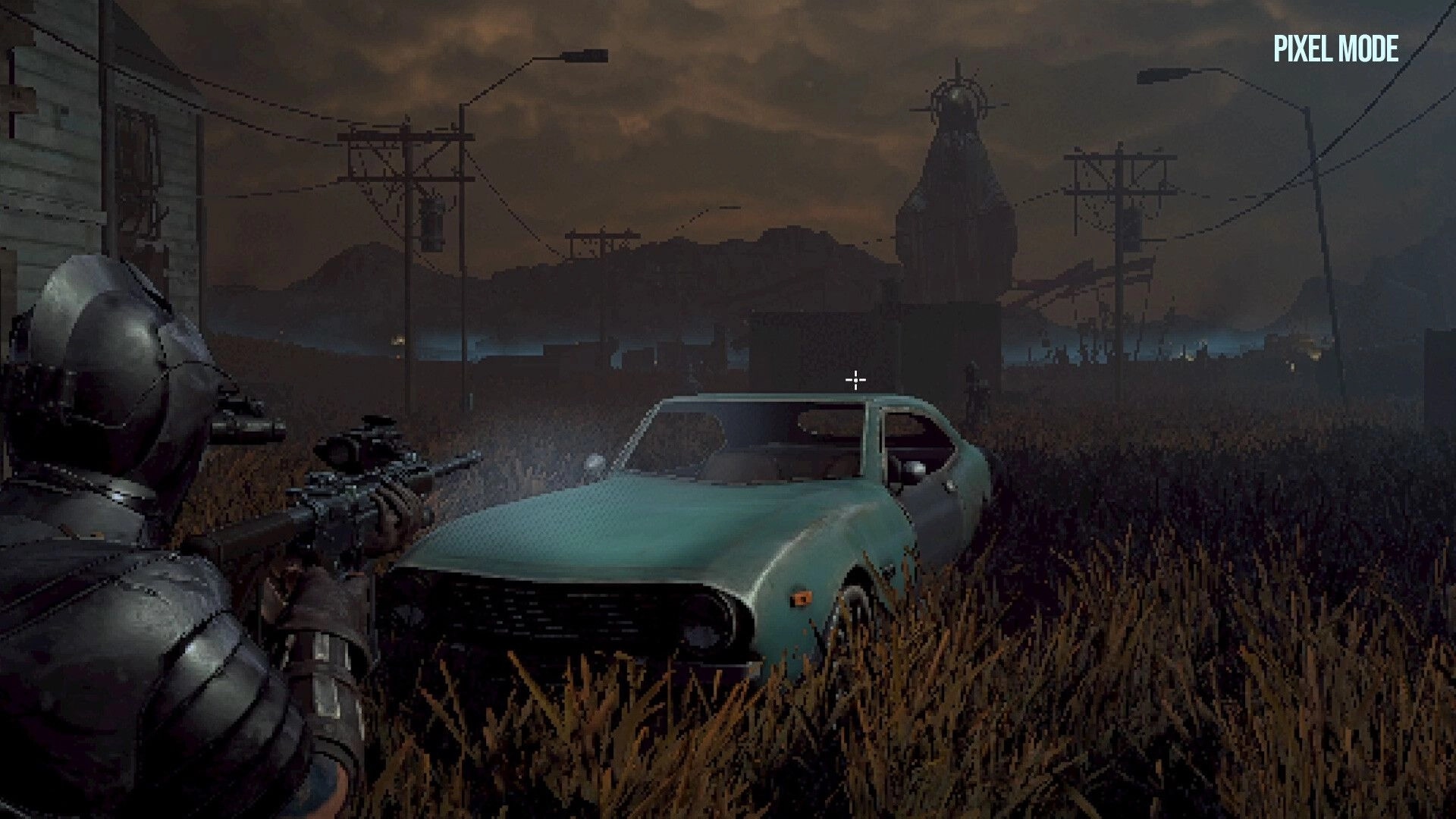 Dark Light: Armed character crouching behind car in dark, overgrown field with distant power lines