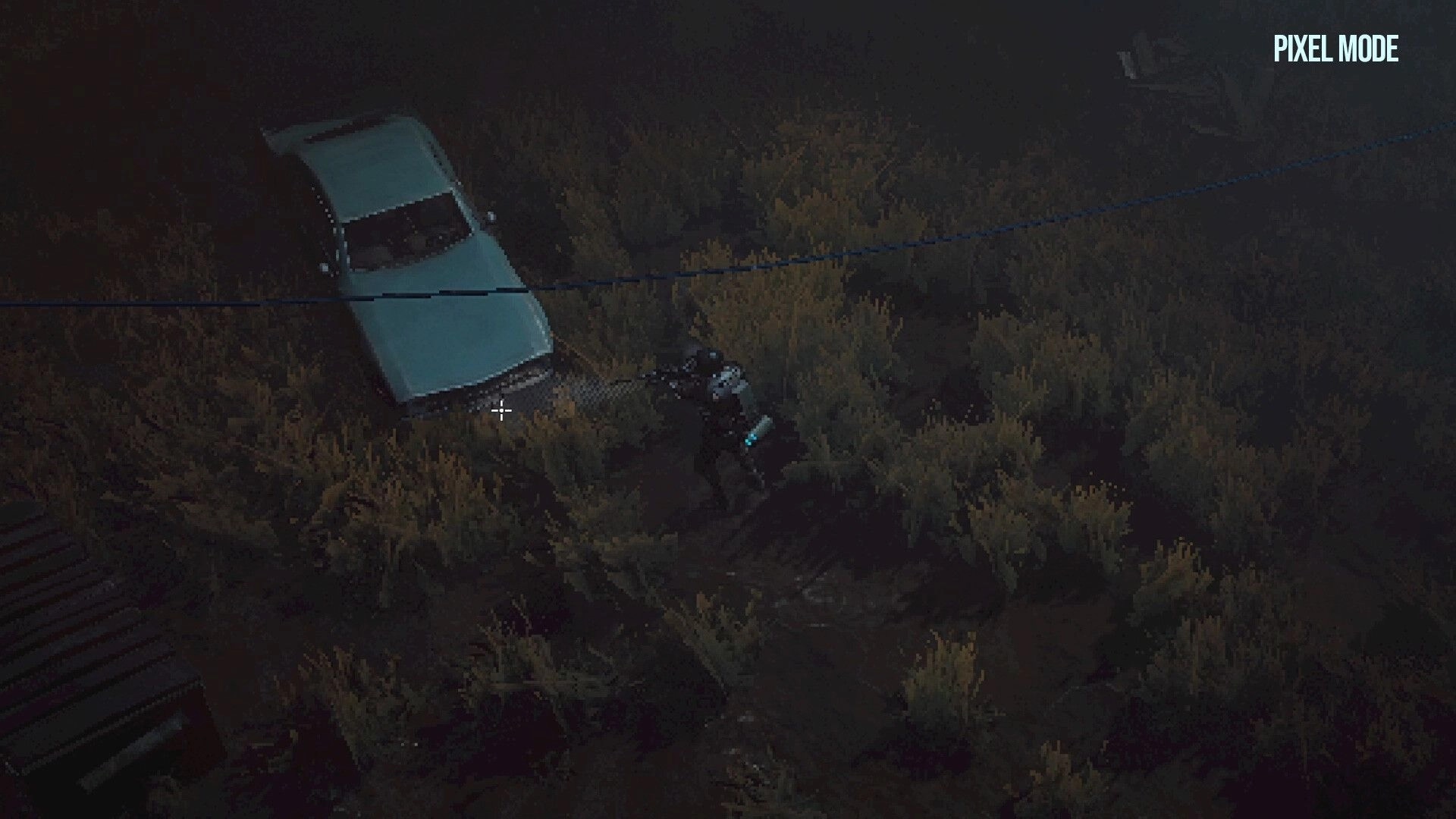 Dark Light: Character exploring overgrown terrain beside an abandoned car in Pixel Mode setting