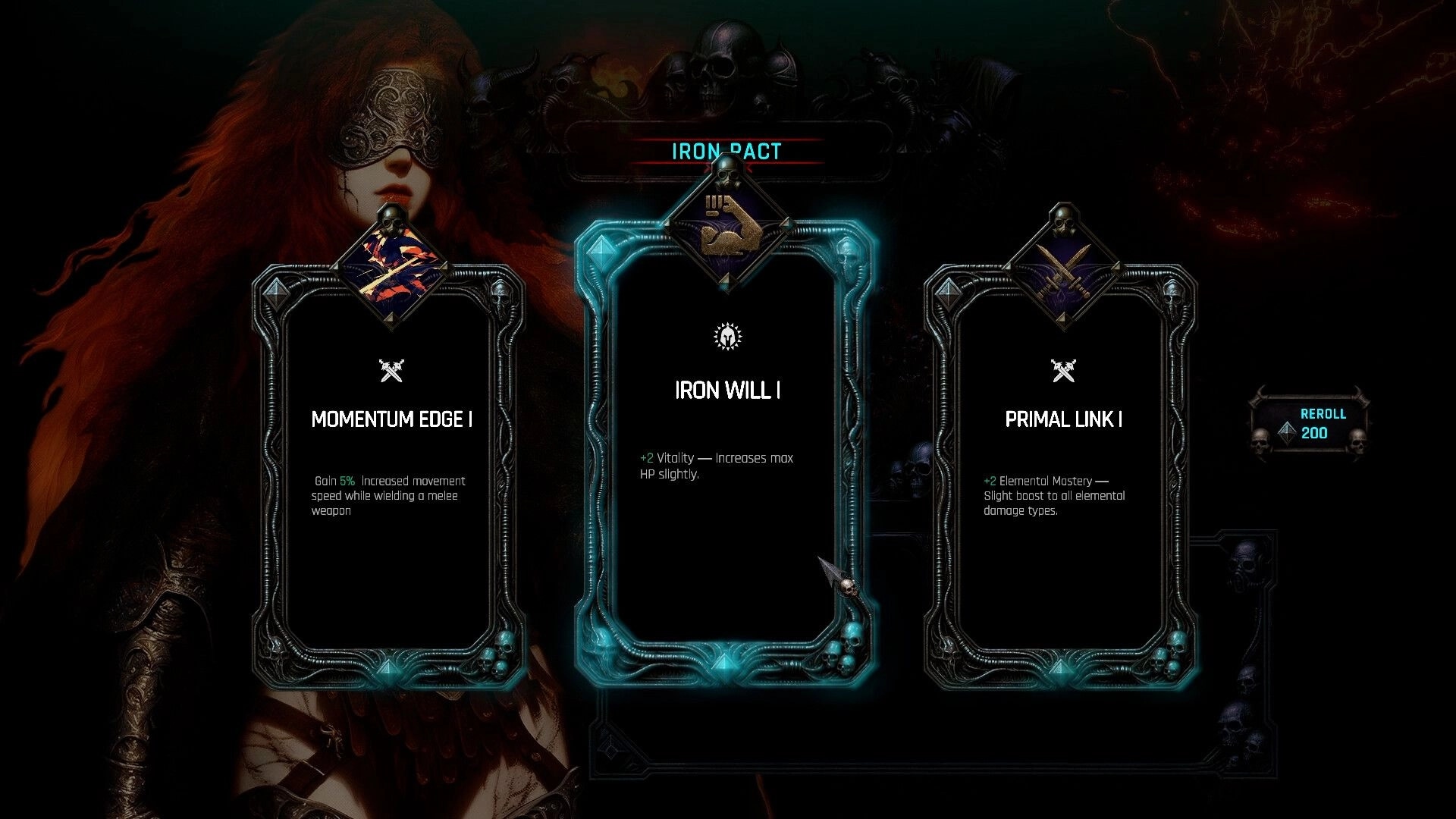 Dark Light: Skill selection screen with three upgrade options, including Momentum Edge and Primal Link.