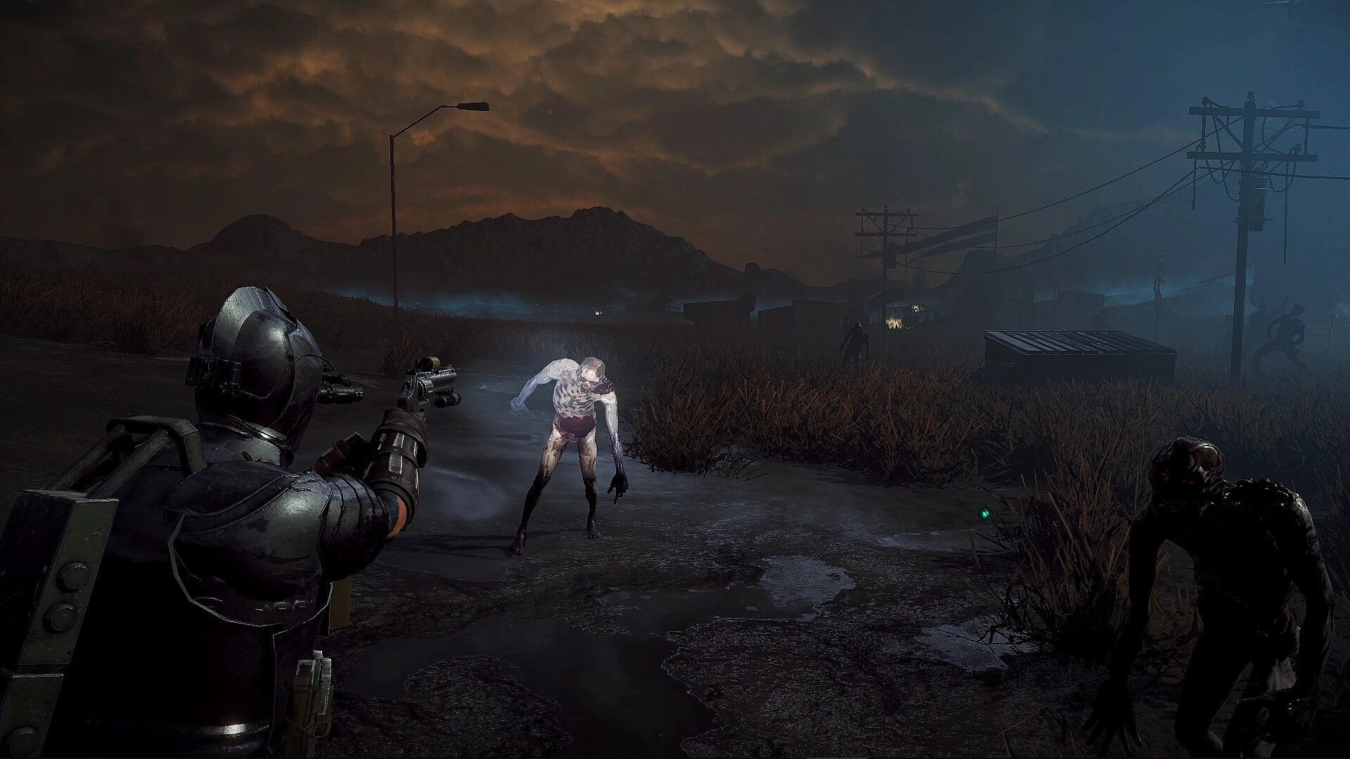 Dark Light: Player aiming at a creature in a dark, desolate landscape with distant power lines and hills.
