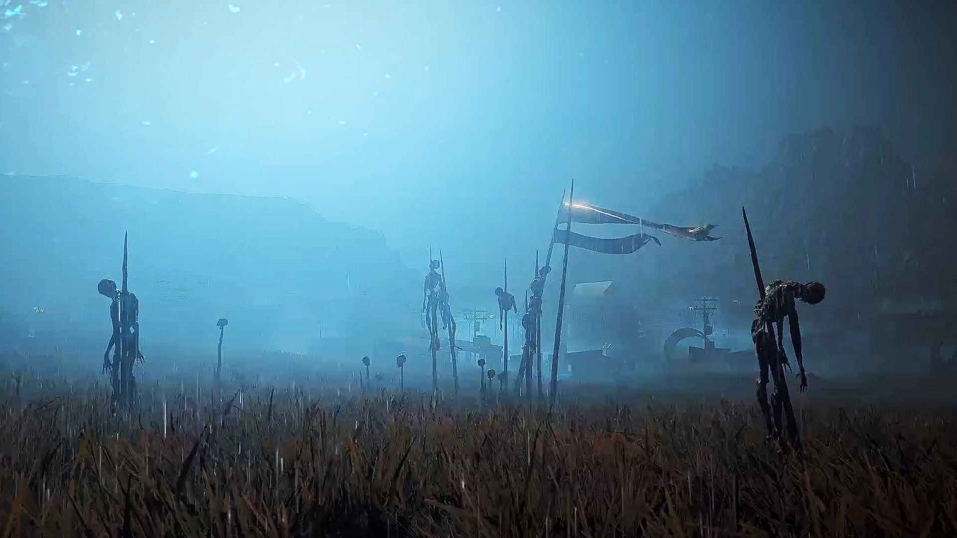 Dark Light: Eerie landscape with impaled figures amid foggy, desolate plains under a dimly lit sky