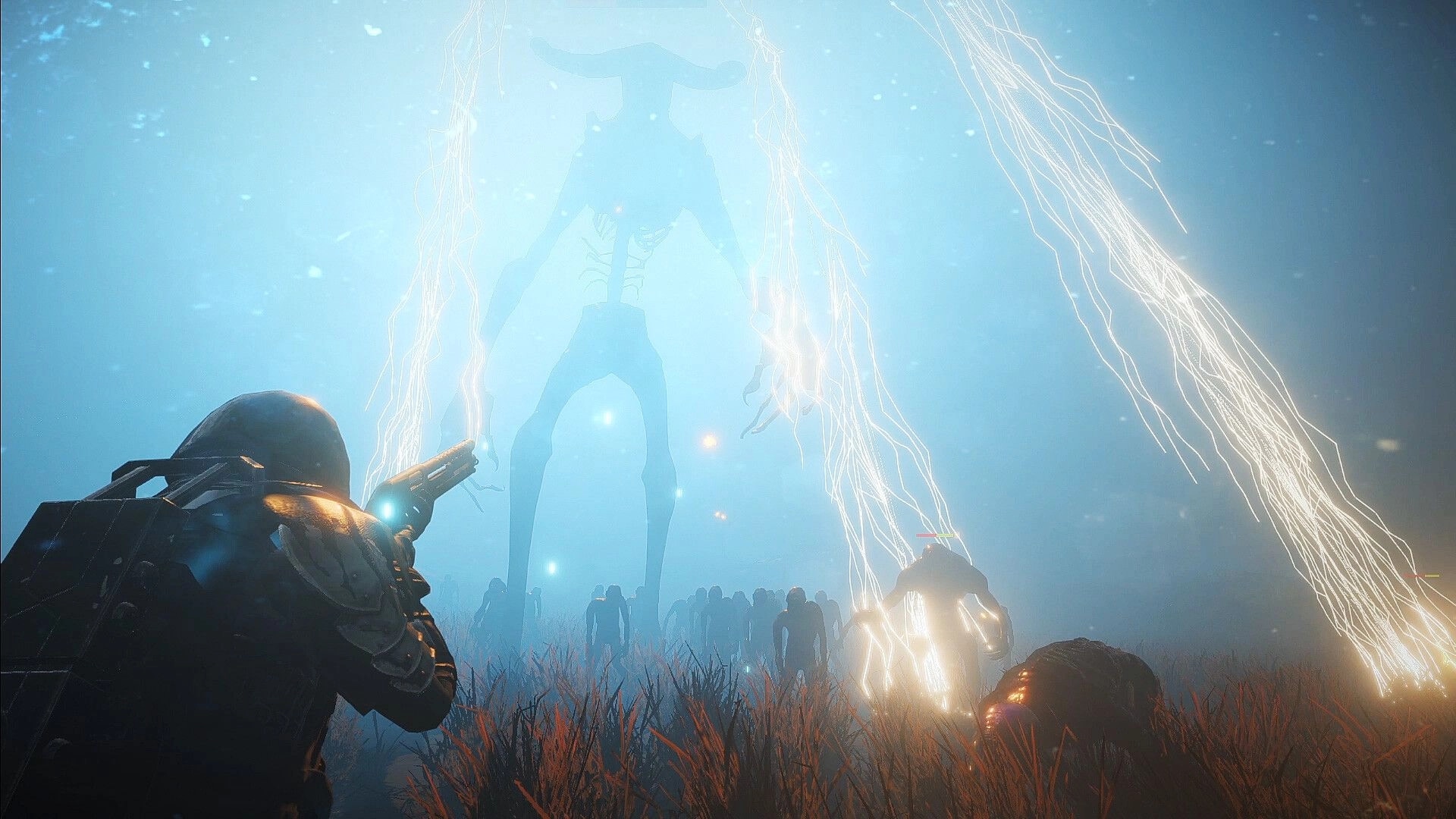 Dark Light: Player aiming at giant creature amidst glowing lightning in foggy, overgrown terrain