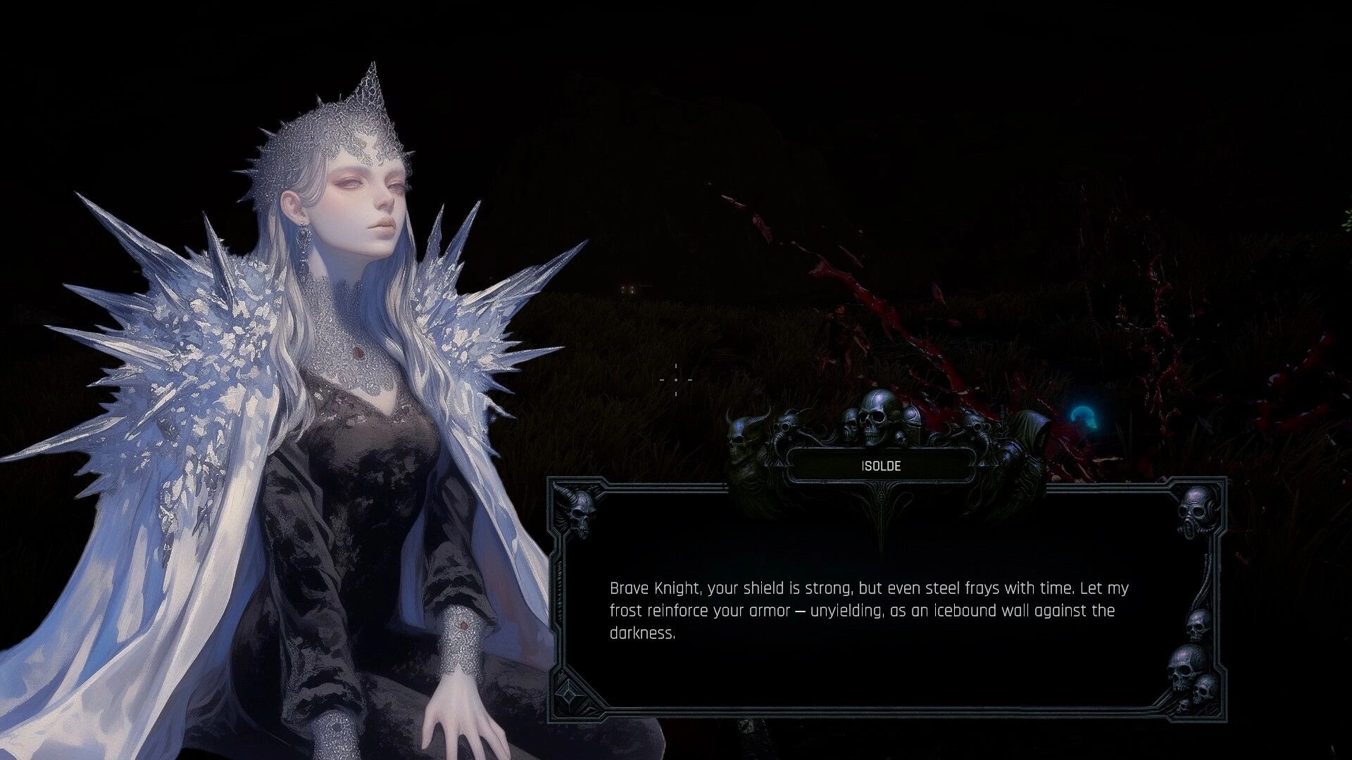 Dark Light: Isolde speaks in dark field with icy armor, delivering dialogue in post-apocalyptic setting.
