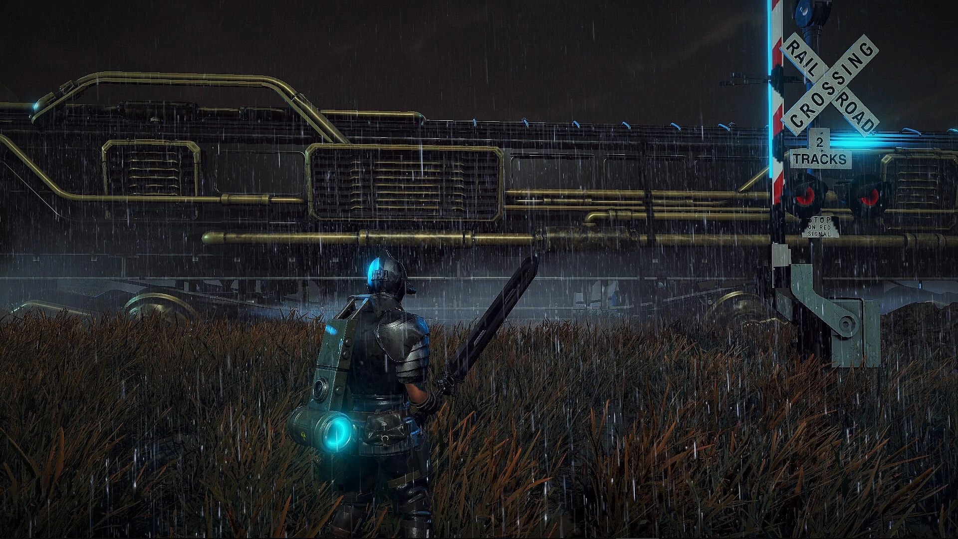 Dark Light: Character with glowing helmet stands before a futuristic train under heavy rain in tall grass.