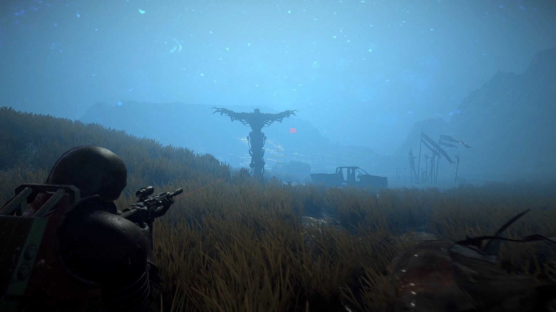 Dark Light: Player aims sniper rifle at distant figure in foggy, post-apocalyptic landscape with flags.