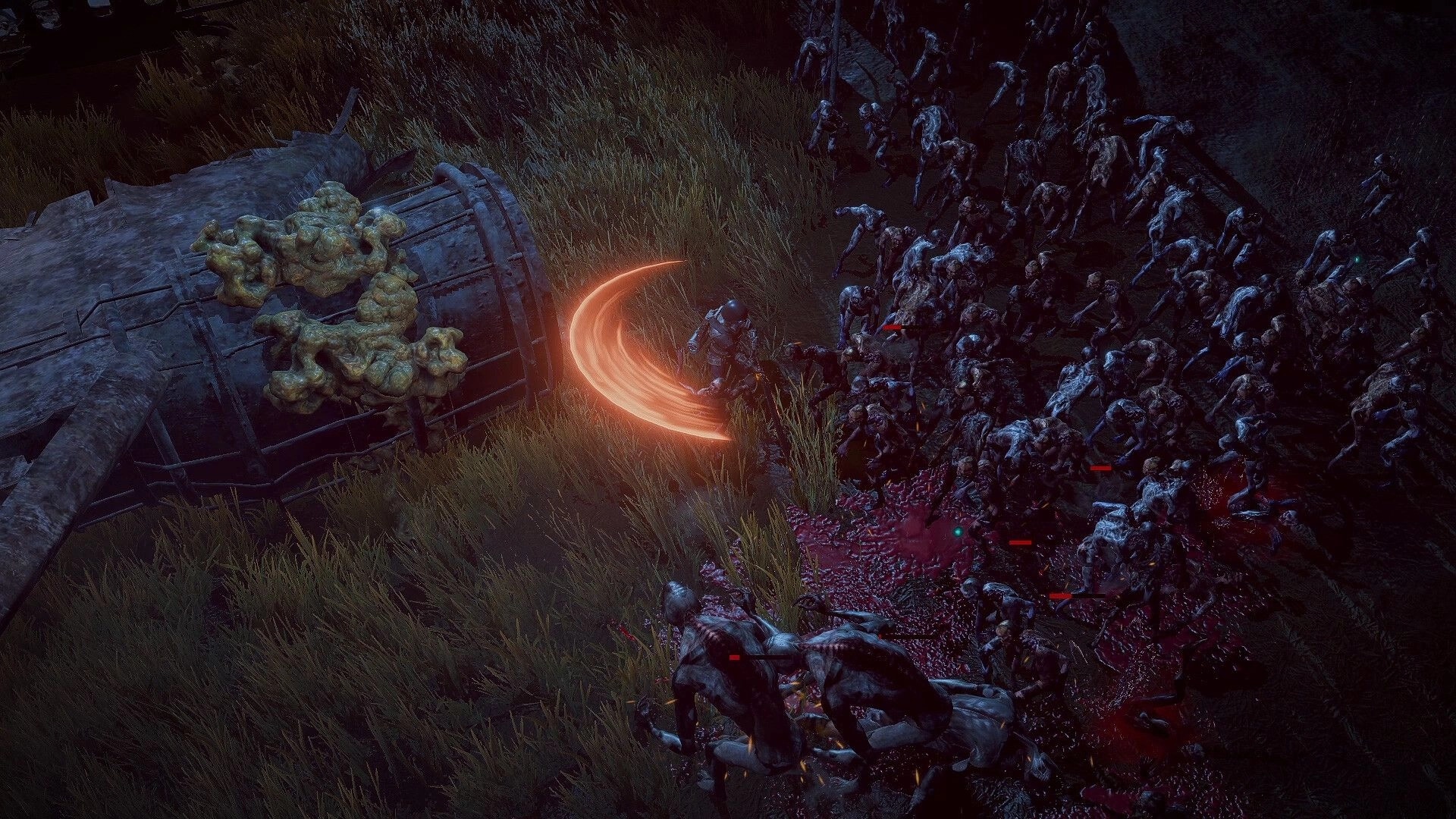 Dark Light: Lone warrior battles hordes of creatures near a derelict structure in a dark, grassy field.