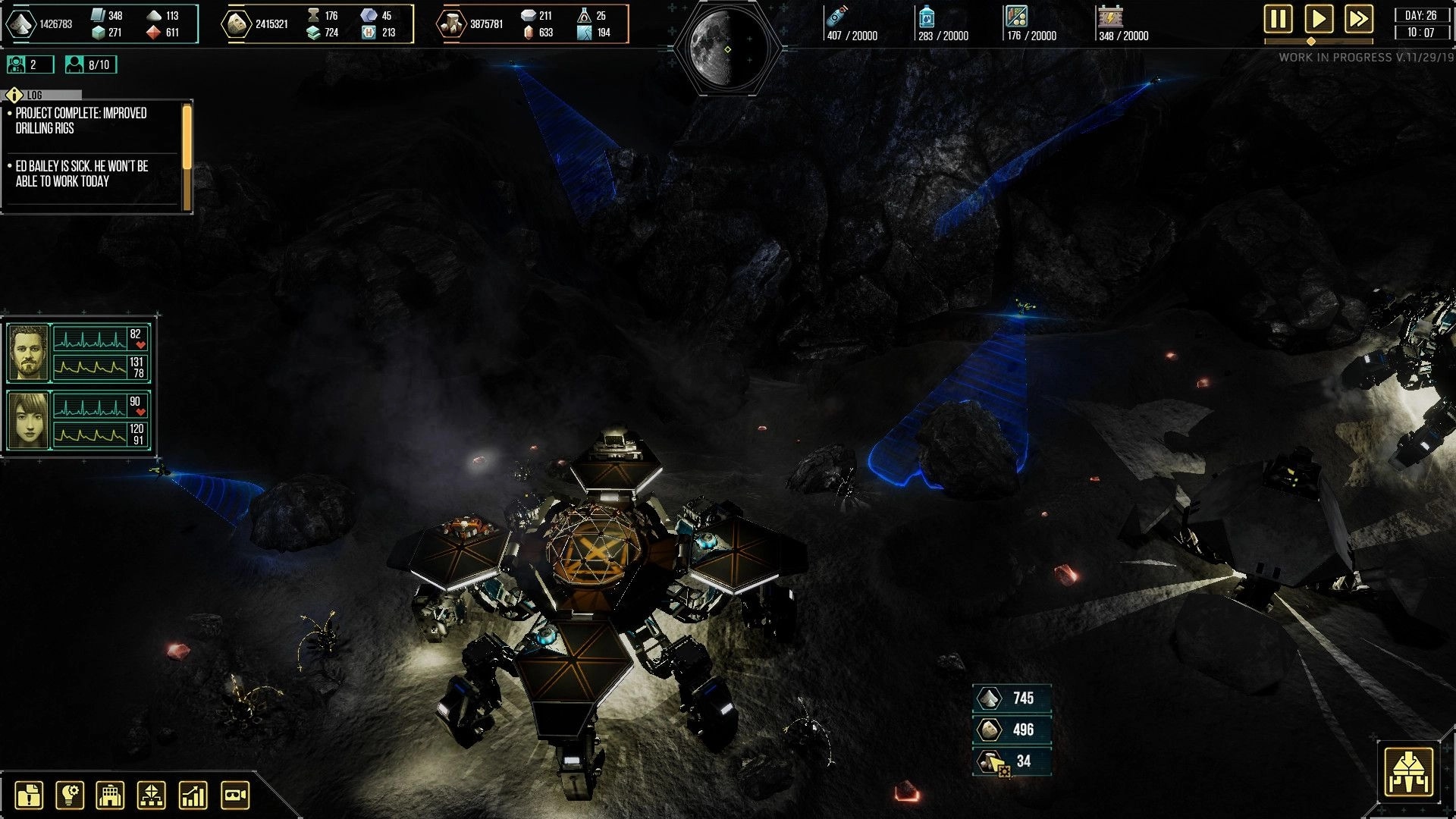 Dark Moon: Resource collection at mobile base in dark rocky terrain with character health displays visible