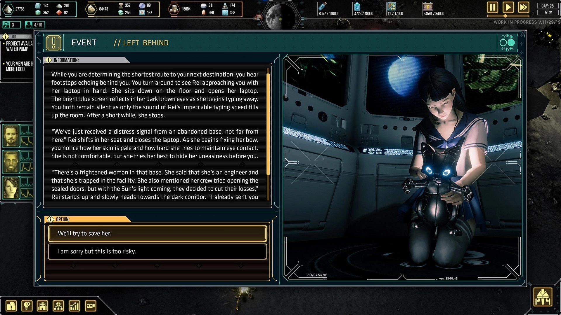 Dark Moon: Event screen with Rei holding a robotic cat, options to save or abandon a trapped woman.