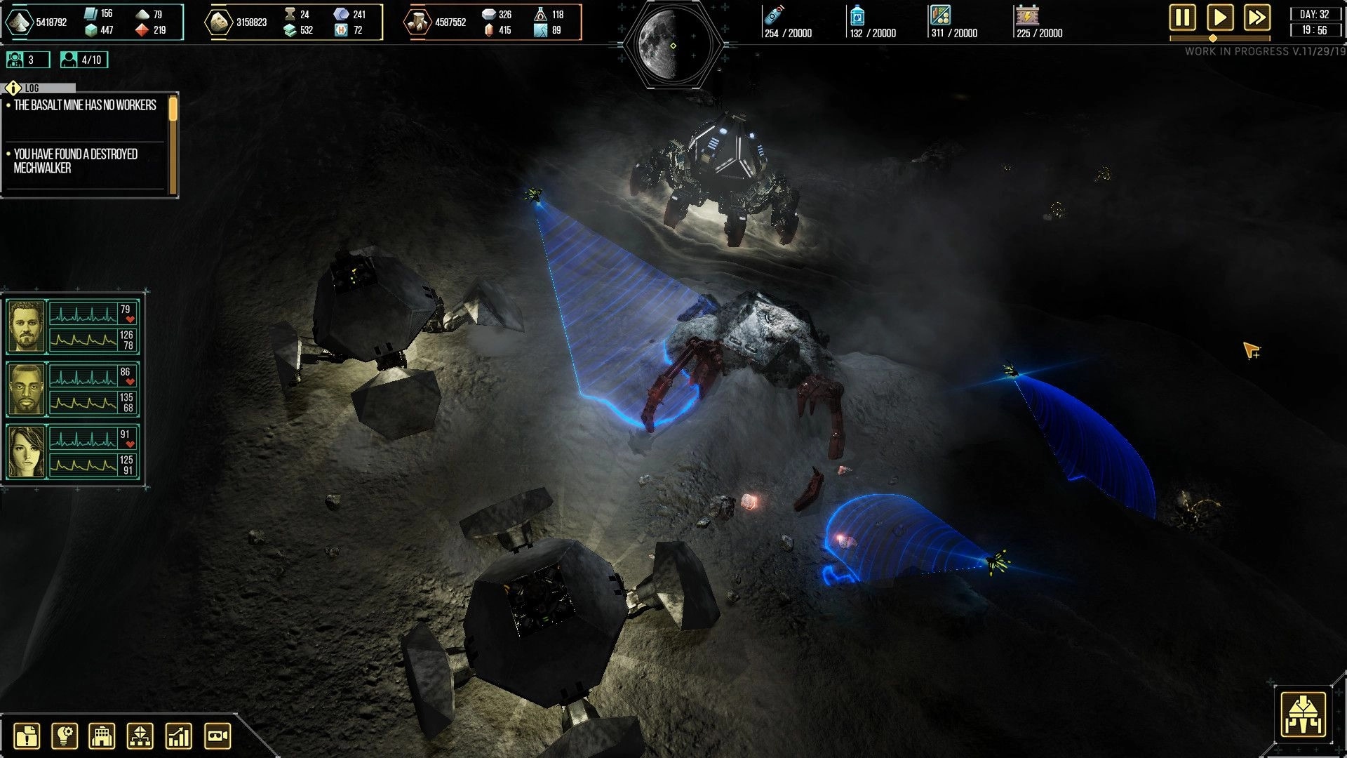 Dark Moon: Mobile base exploring dark terrain with resource indicators and team status on screen