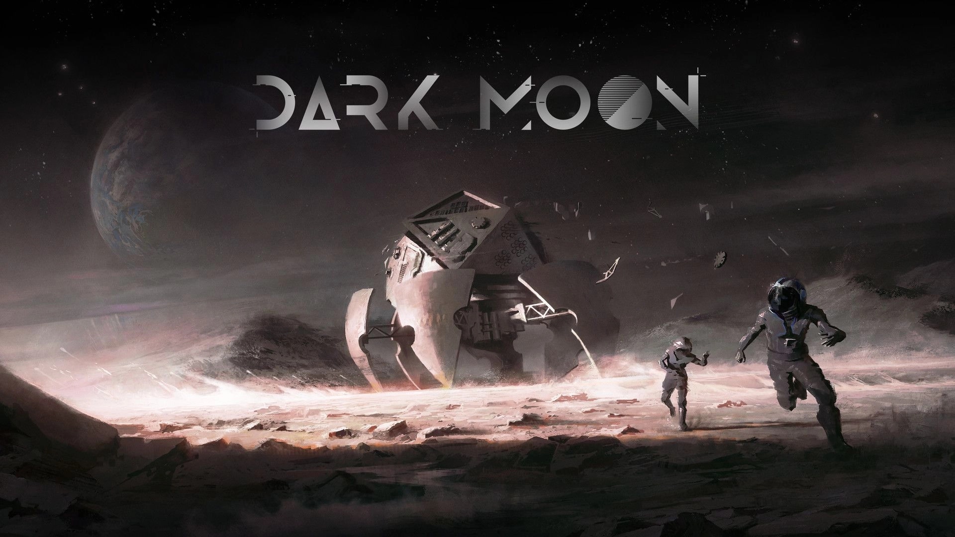 Dark Moon: Two astronauts running from a large, damaged rover on a dark, desolate lunar landscape.
