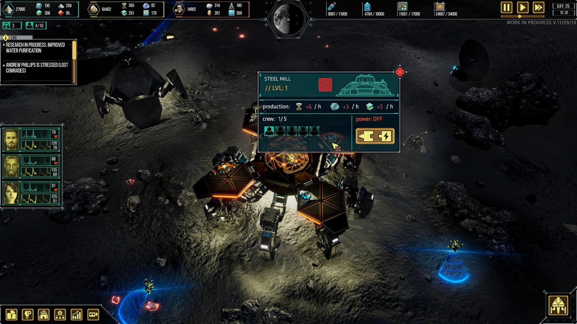 Dark Moon: Steel mill status with production details on lunar surface, crew panel and resource stats.
