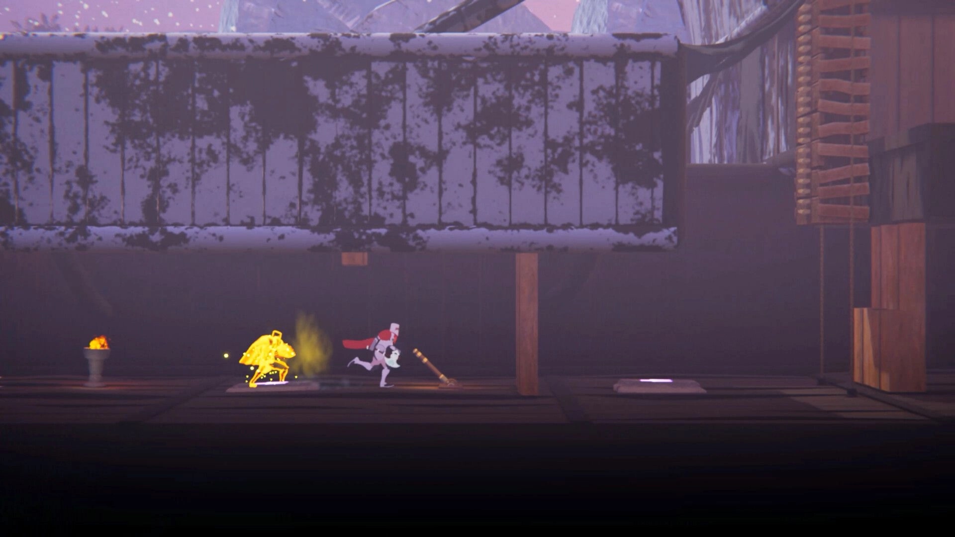 Dark Queen of Samobor: Hero runs past glowing foe in dark wooden hall with torch and low ceiling.