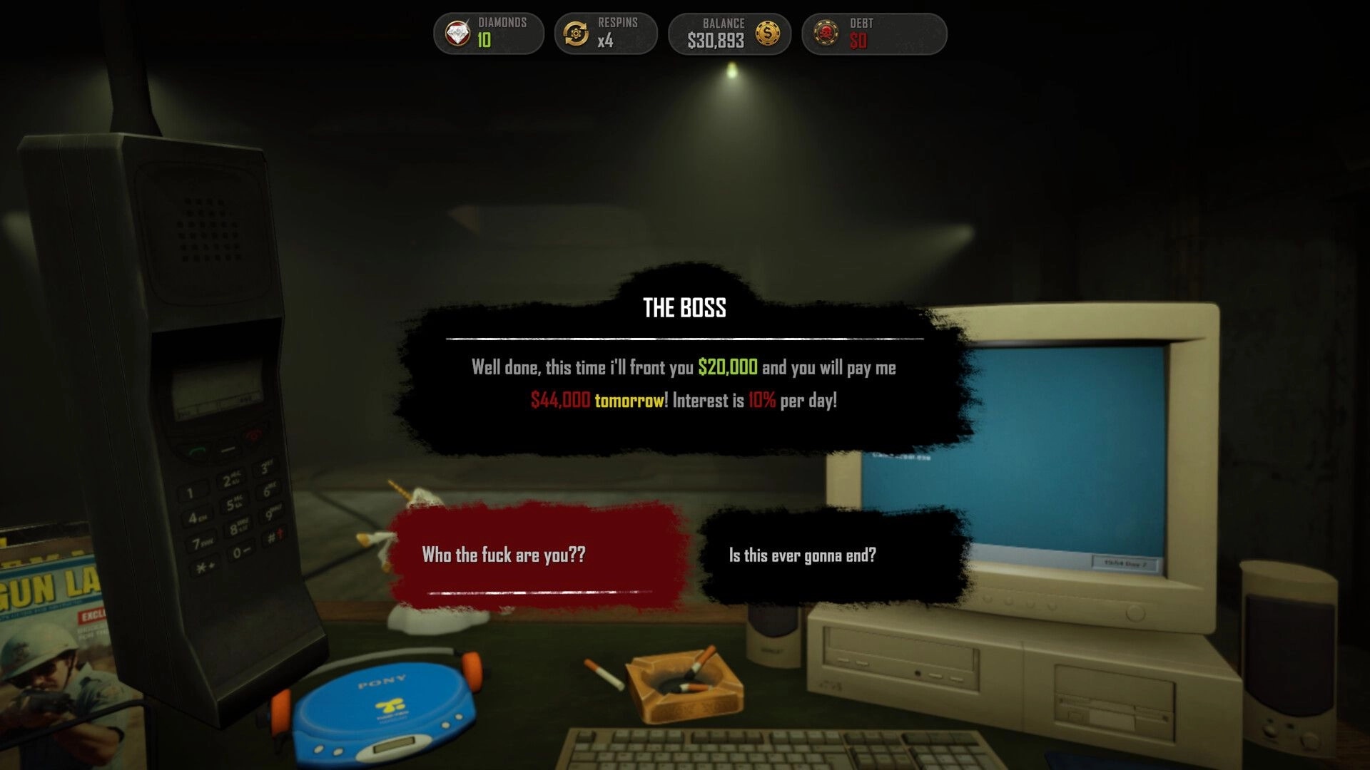 DarkBazaar: Dialogue with The Boss on a computer screen, debt details, and choices in dim room setting
