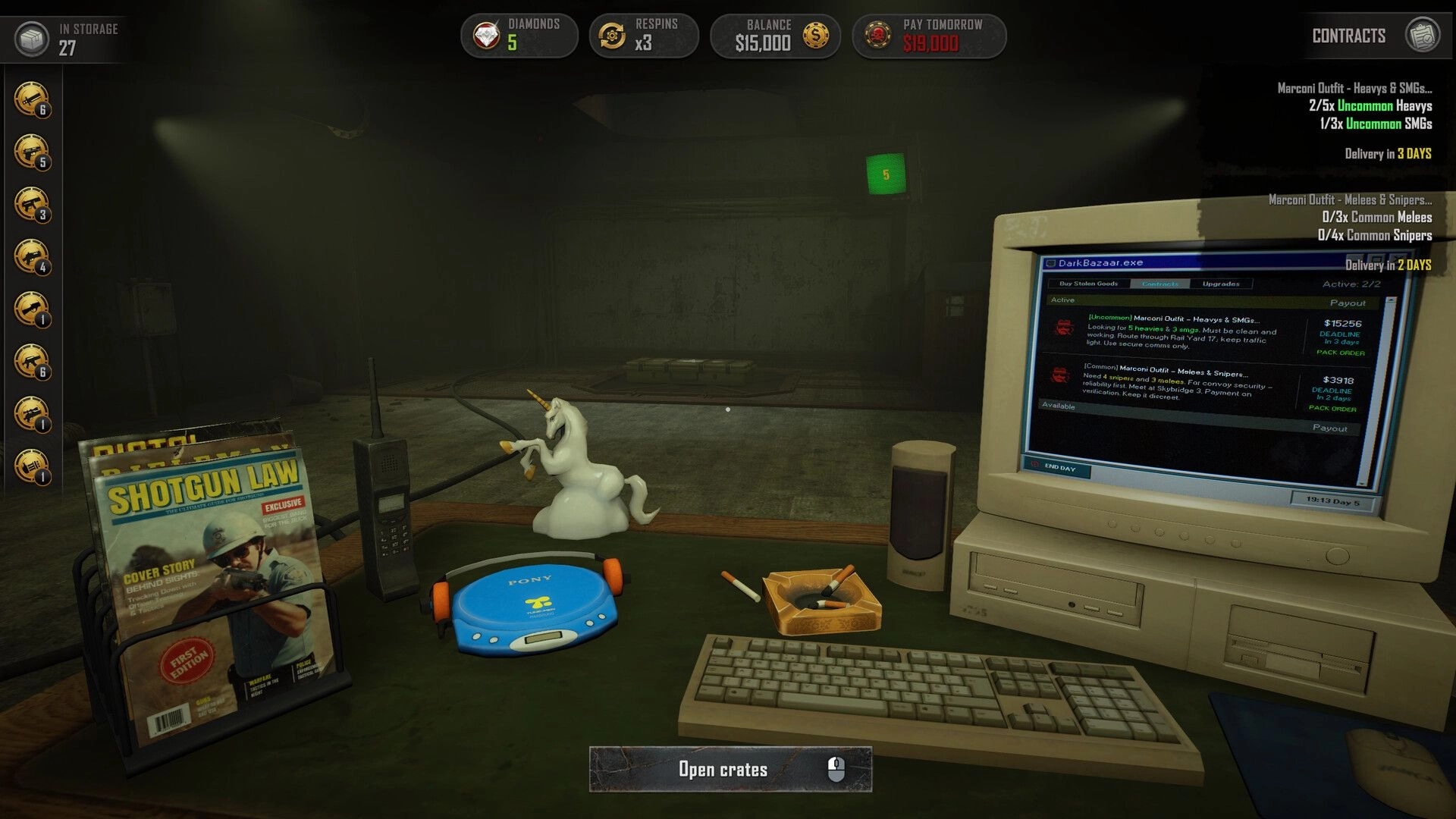 DarkBazaar: Computer terminal with illegal weapons trade contracts in a dimly lit underground office