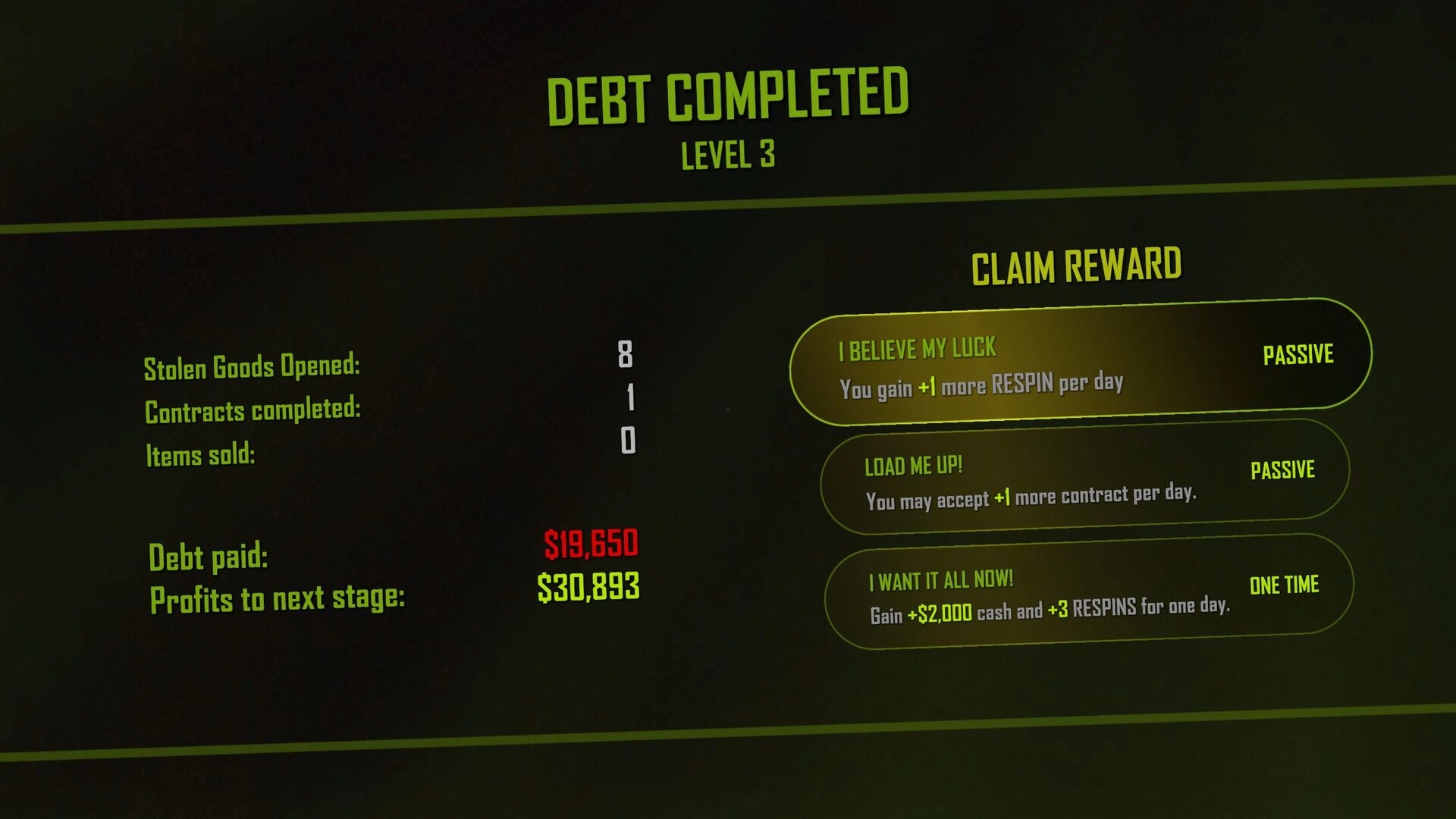 DarkBazaar: Debt completion screen showing rewards options and financial summary at Level 3