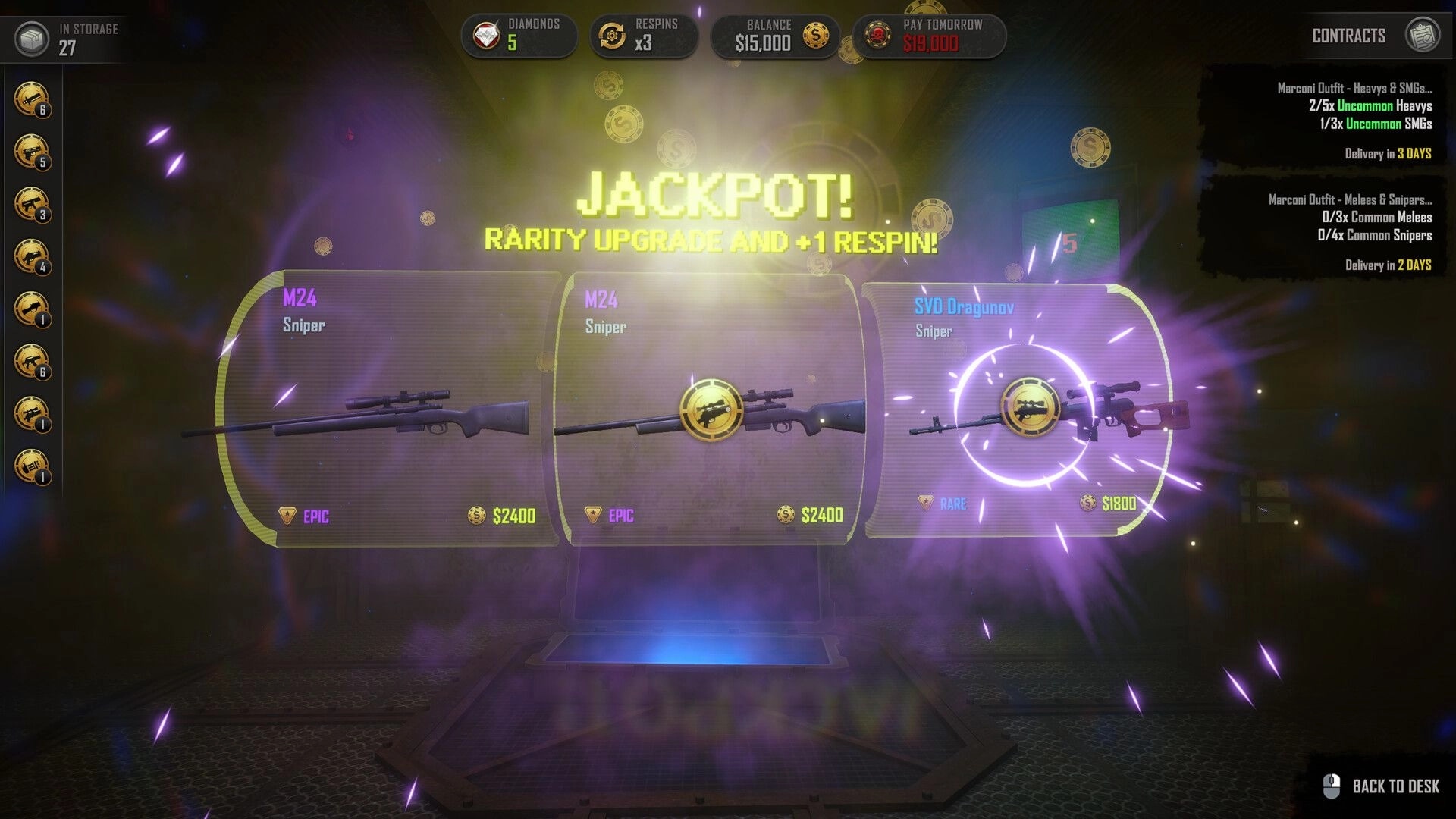 DarkBazaar: Jackpot screen displaying sniper rifles with rarity upgrades in a vibrant, glowing interface.