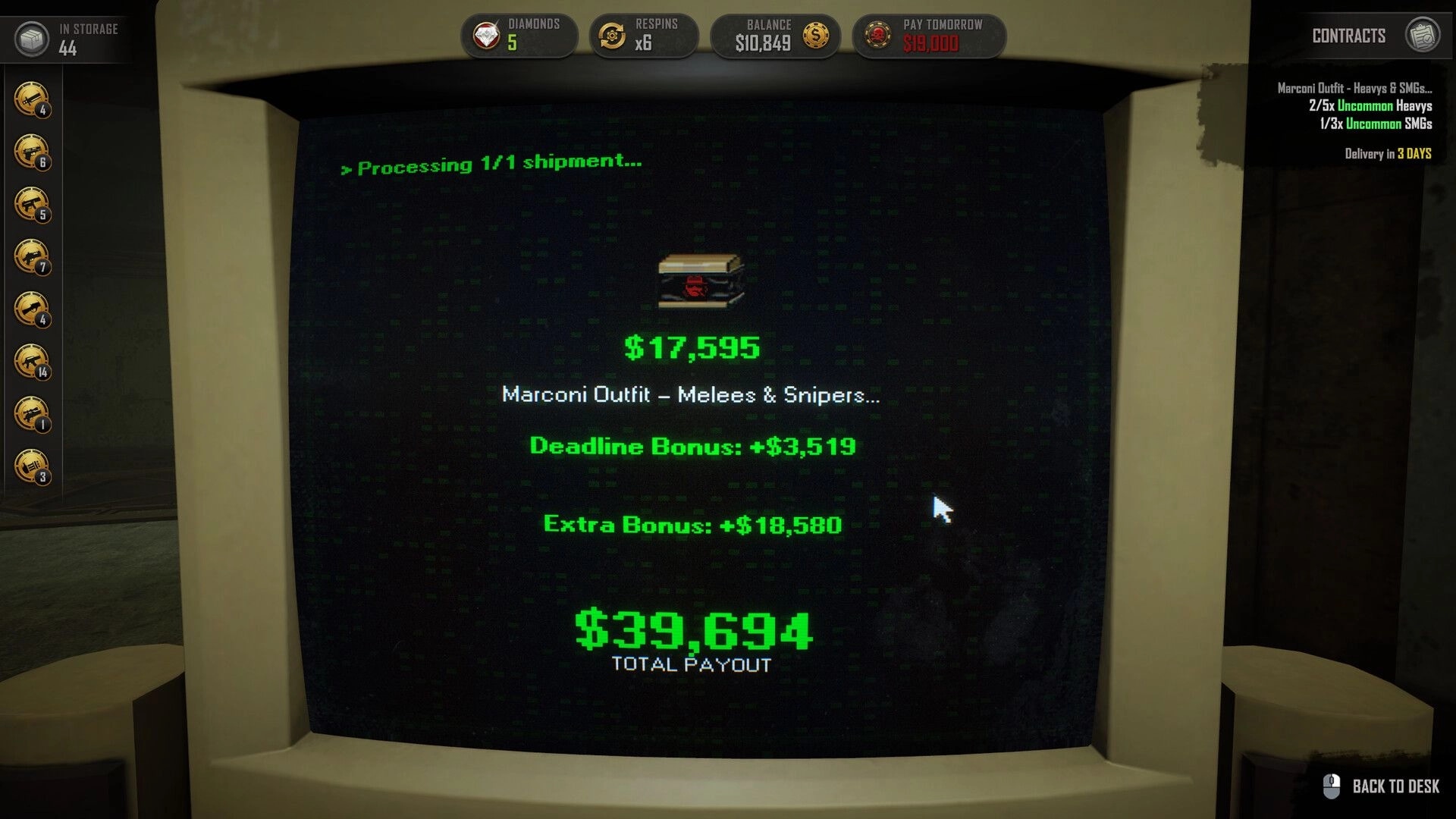 DarkBazaar: Shipment processing on computer screen with payout details and inventory icons displayed