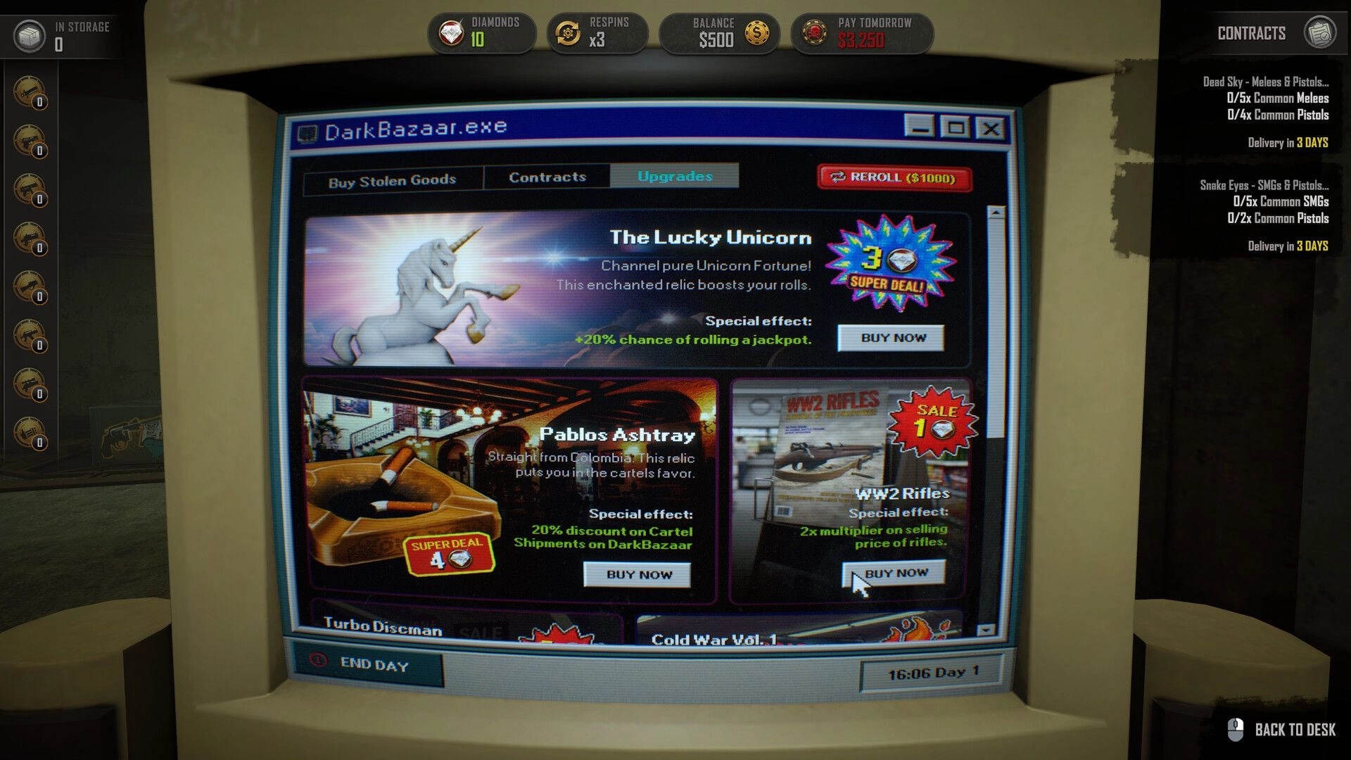 DarkBazaar: Upgrades screen with items like The Lucky Unicorn and Pablos Ashtray on vintage computer.