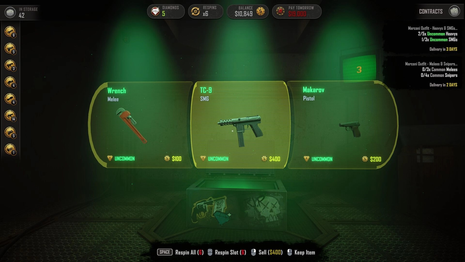 DarkBazaar: Weapon selection screen featuring uncommon wrench, TC-9 SMG, and Makarov pistol options.