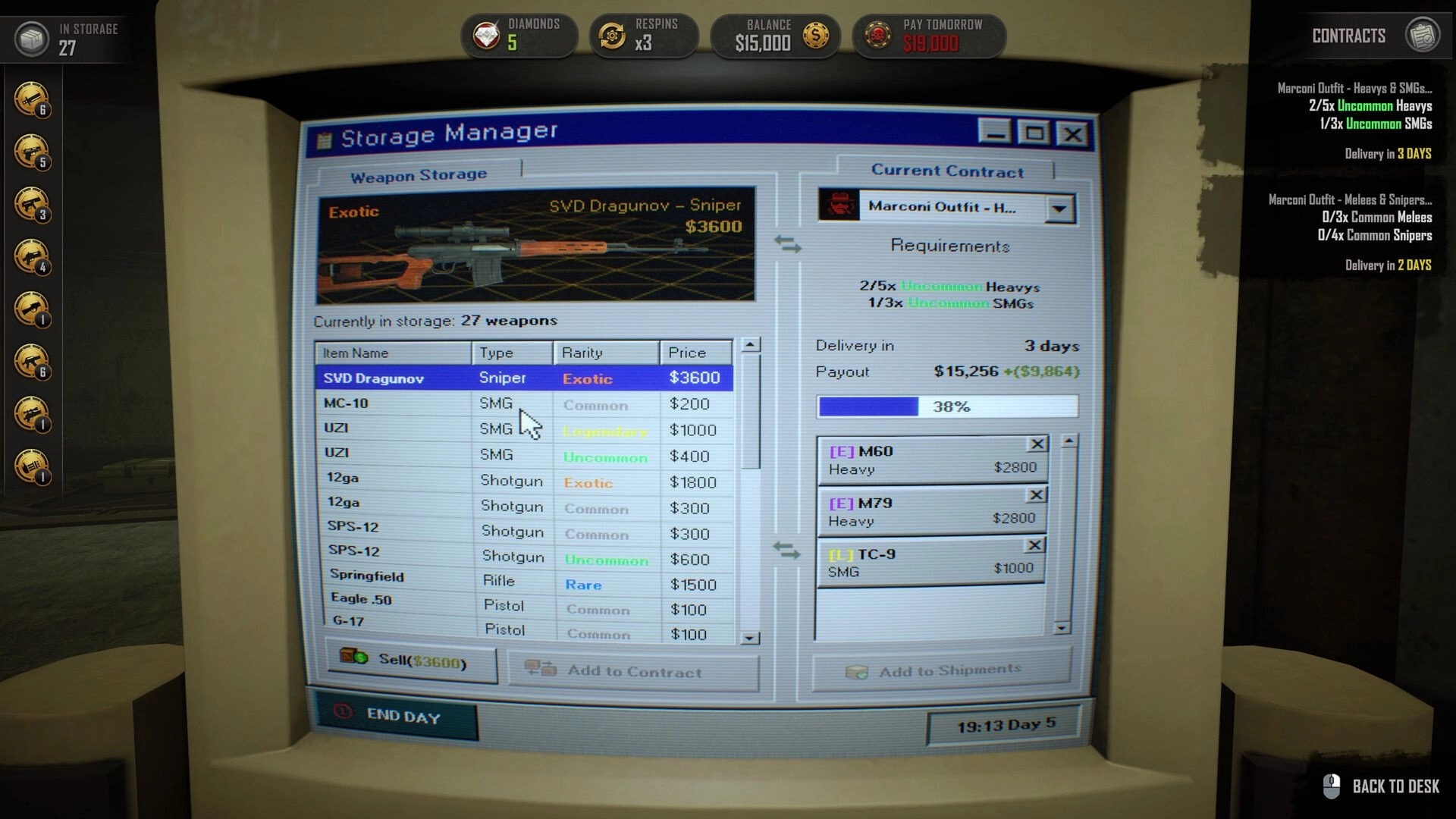 DarkBazaar: Viewing weapon storage and current contract details on a computer interface in a dim room.